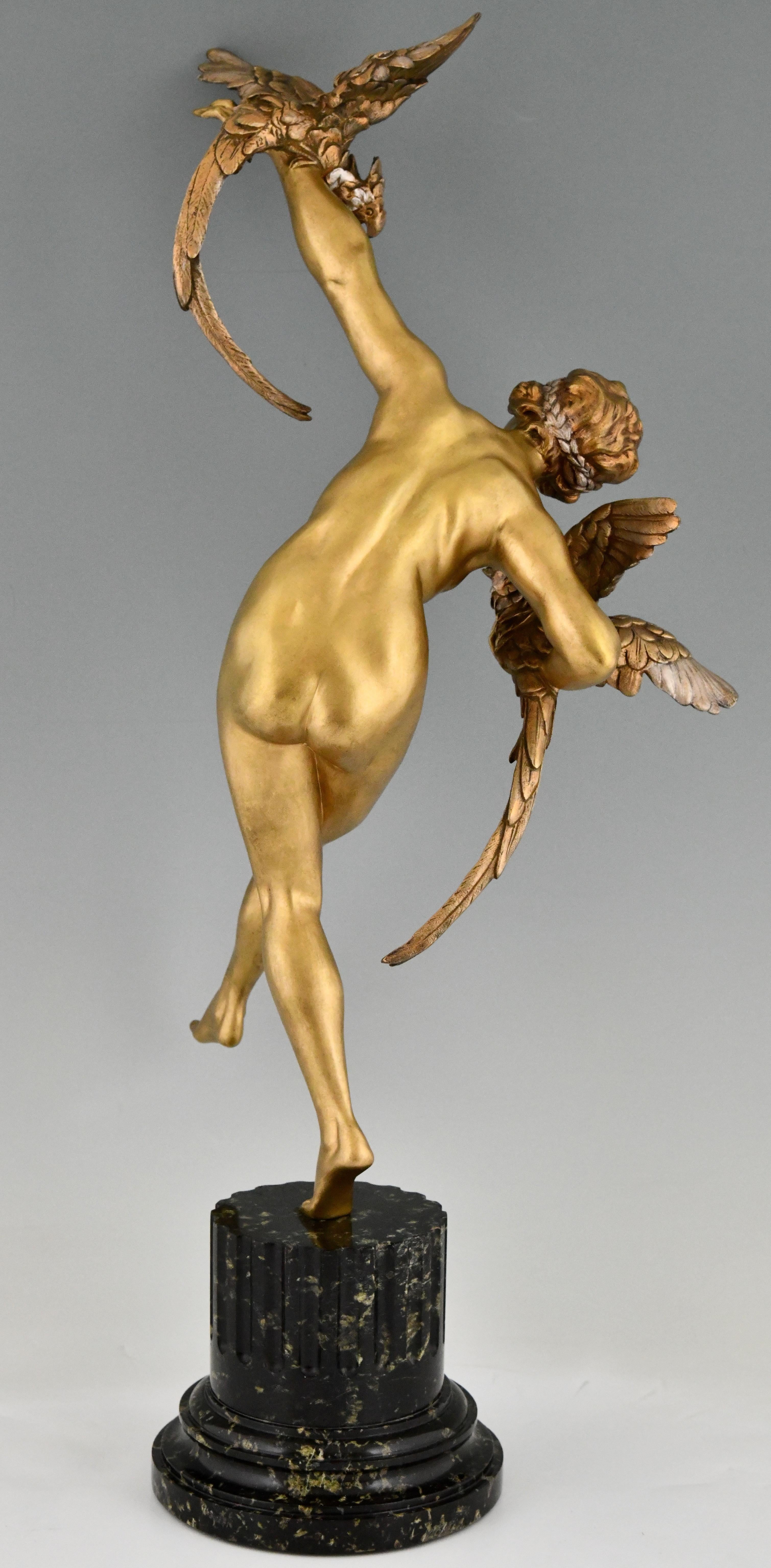 Patinated Art Deco Bronze Sculpture Nude with Parrots by Claire Jeanne Roberte Colinet