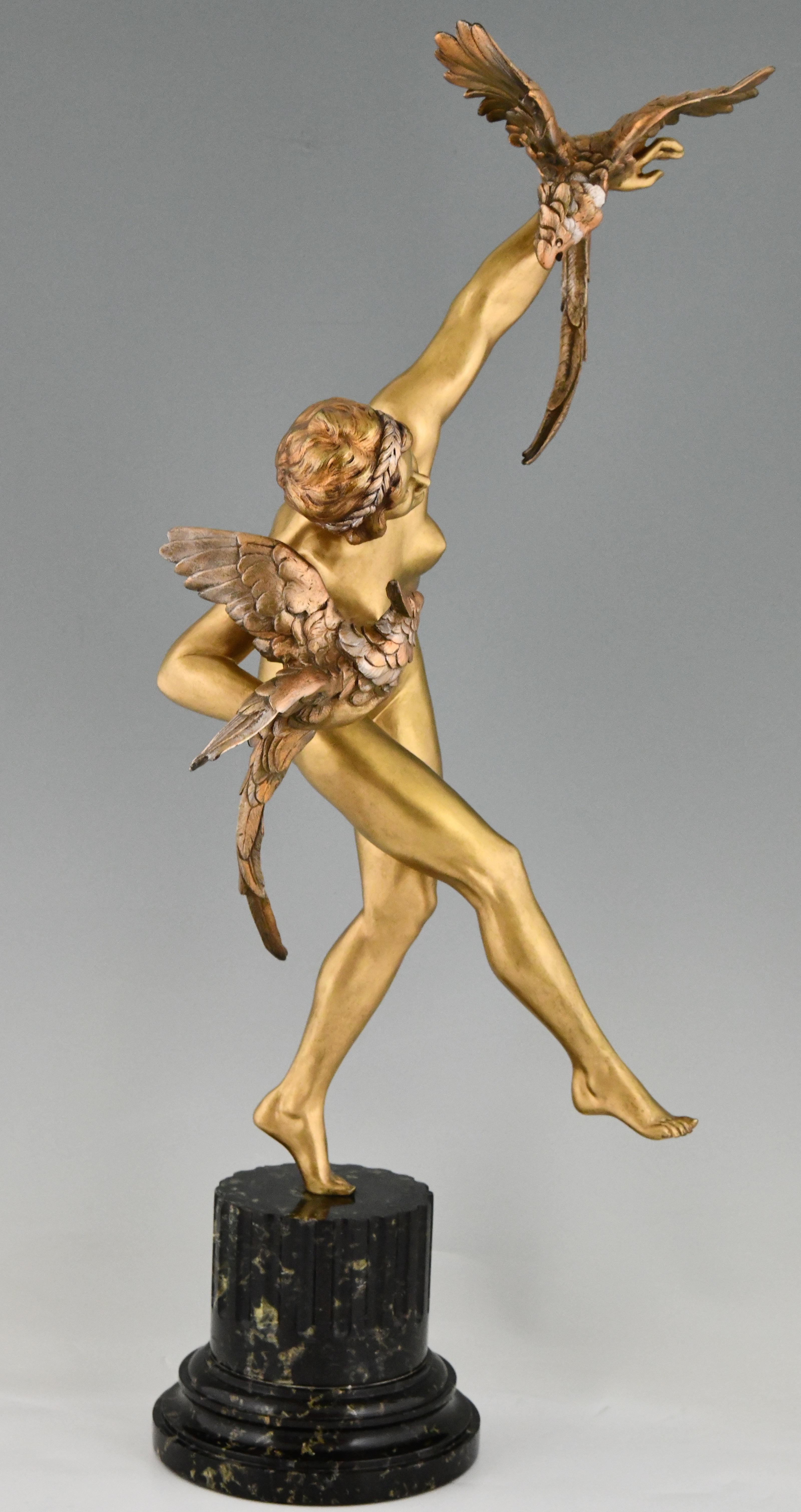Early 20th Century Art Deco Bronze Sculpture Nude with Parrots by Claire Jeanne Roberte Colinet