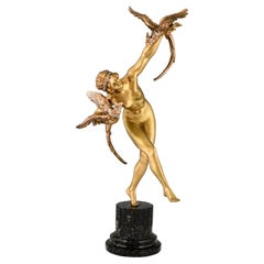 Art Deco Bronze Sculpture Nude with Parrots by Claire Jeanne Roberte Colinet