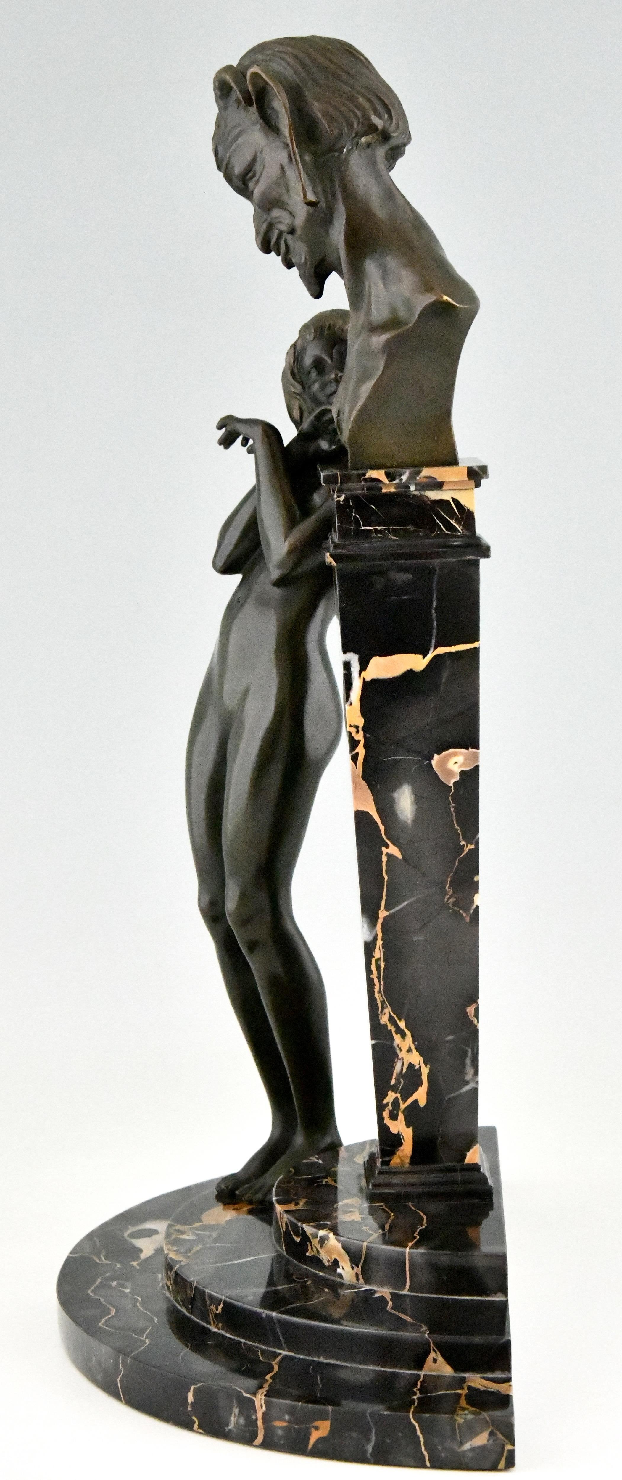 Patinated Art Deco Bronze Sculpture Nude with Satyr Pierre Le Faguays, France, 1930