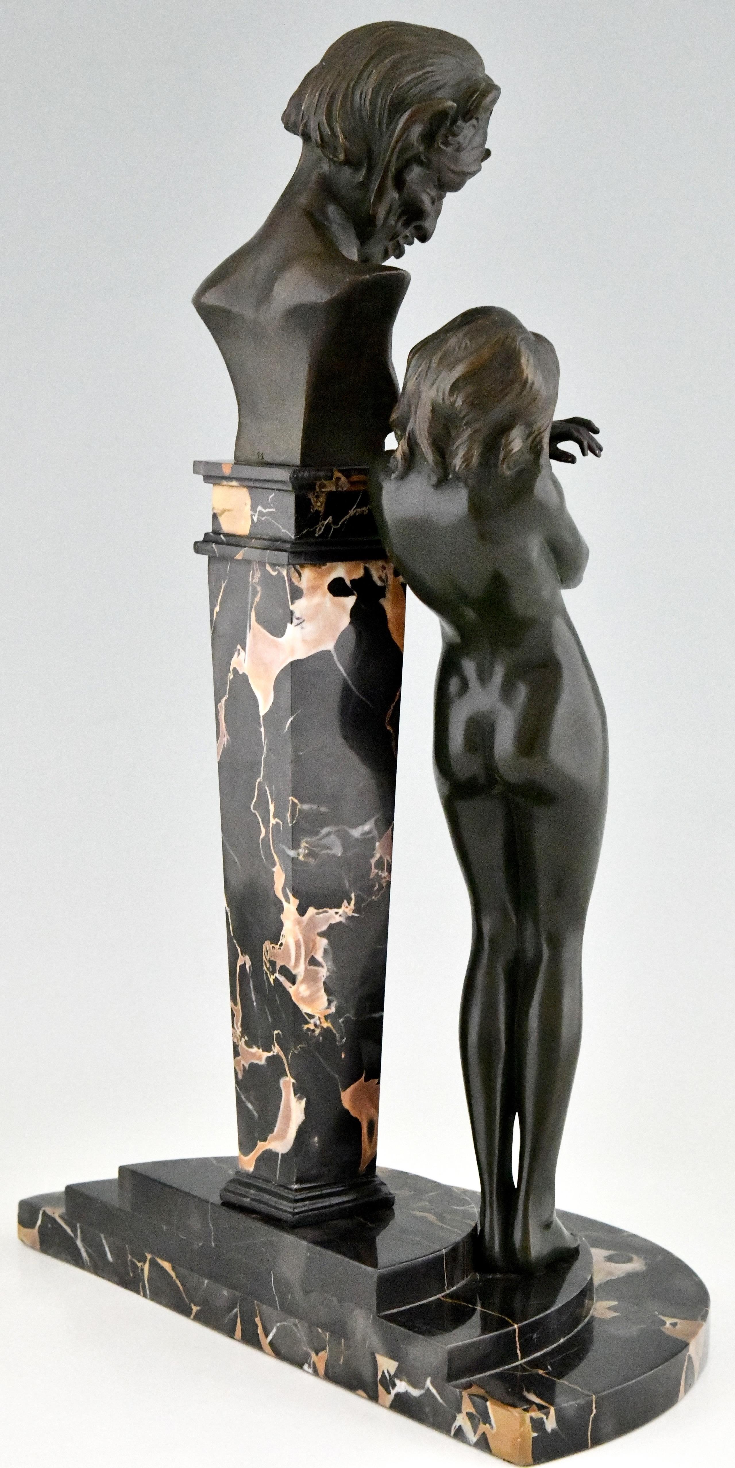 Mid-20th Century Art Deco Bronze Sculpture Nude with Satyr Pierre Le Faguays, France, 1930