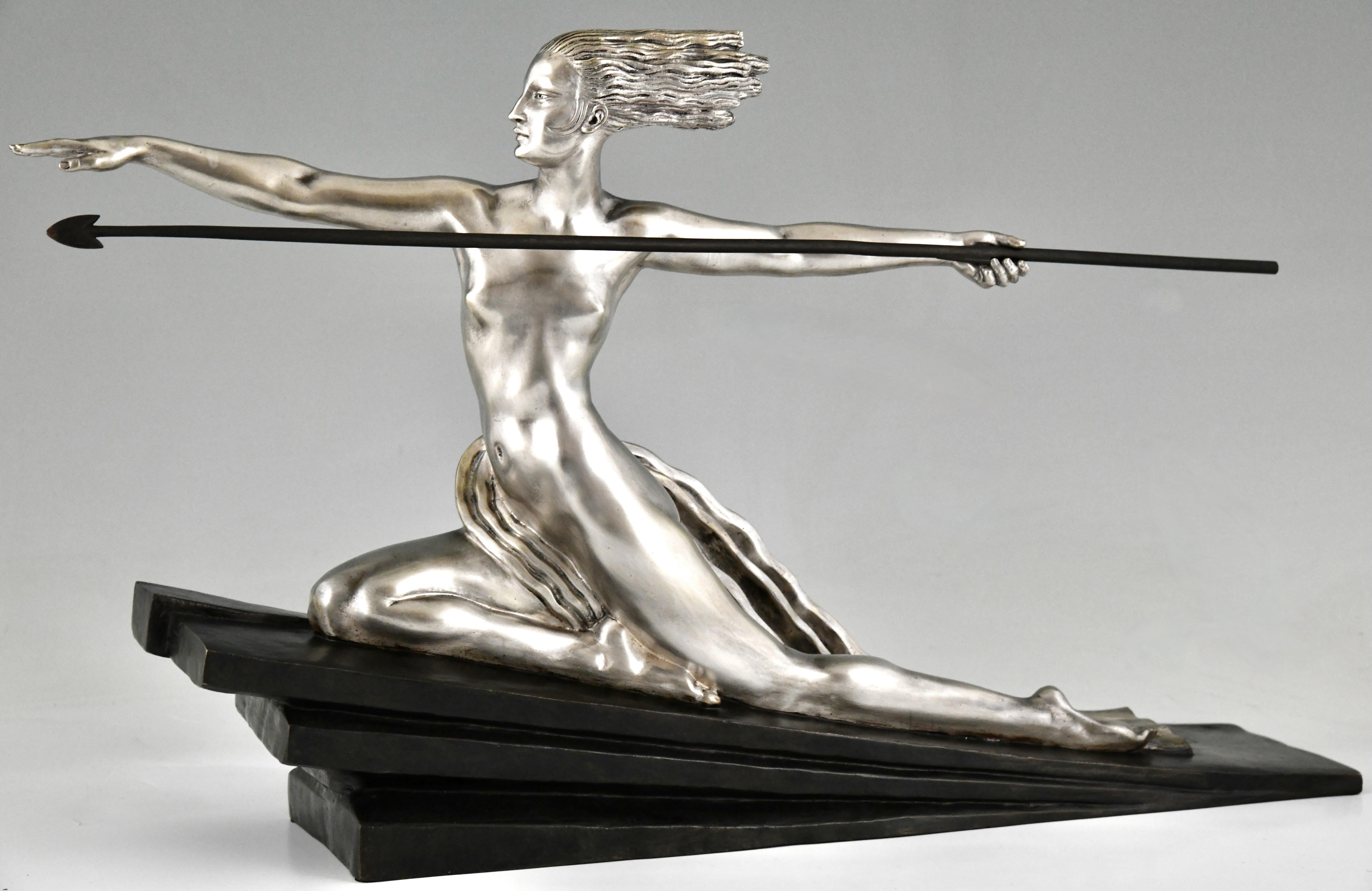 Art Deco bronze sculpture nude with spear Amazone by Marcel Bouraine
Signed Bouraine with Etling Paris Foundry mark. France 1925. 
Bronze, silver & black patina. 
This bronze is illustrated on page 52 of
Art Deco and other figures, Brian Catley. 