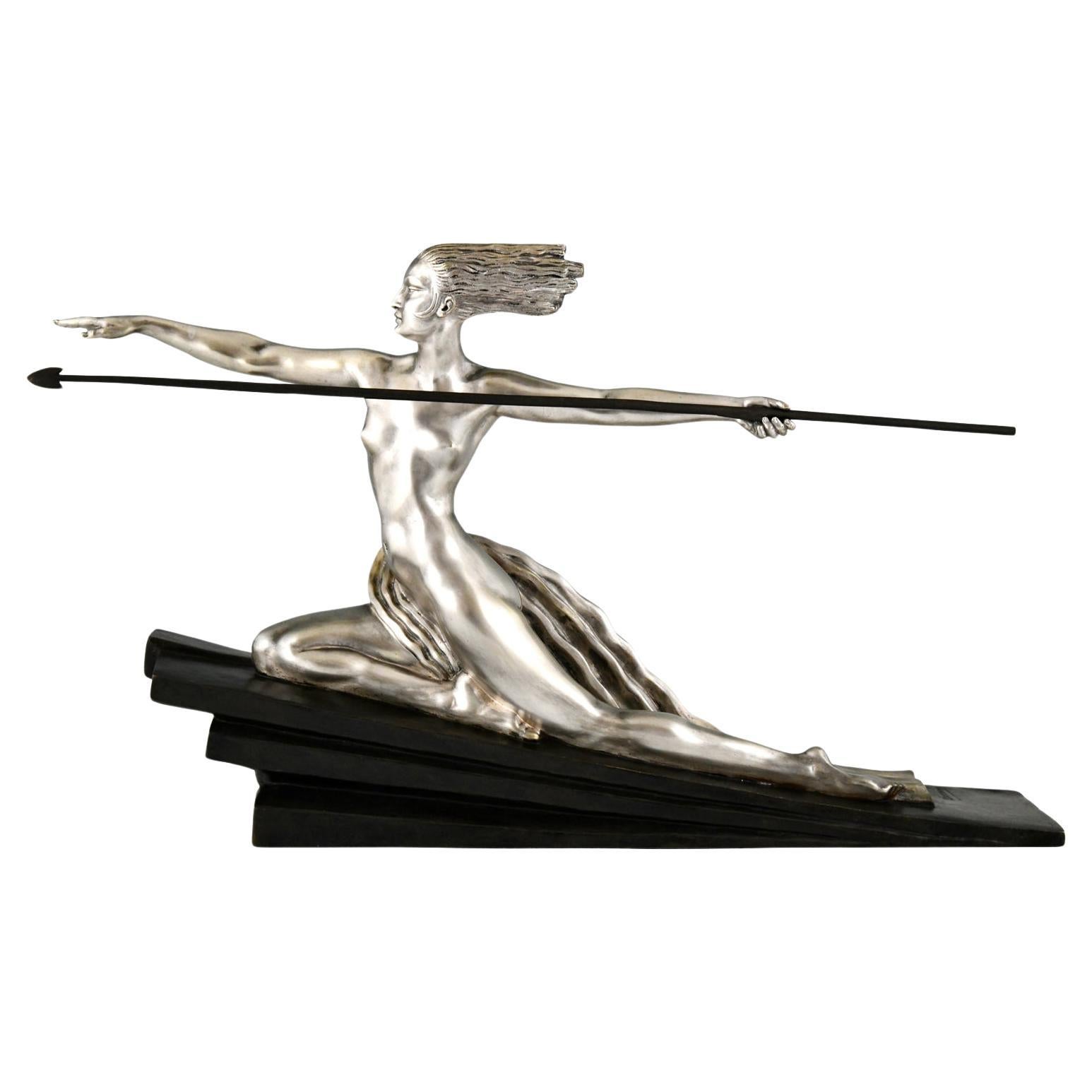 Art Deco bronze sculpture nude with spear Amazone by Marcel Bouraine France 1925