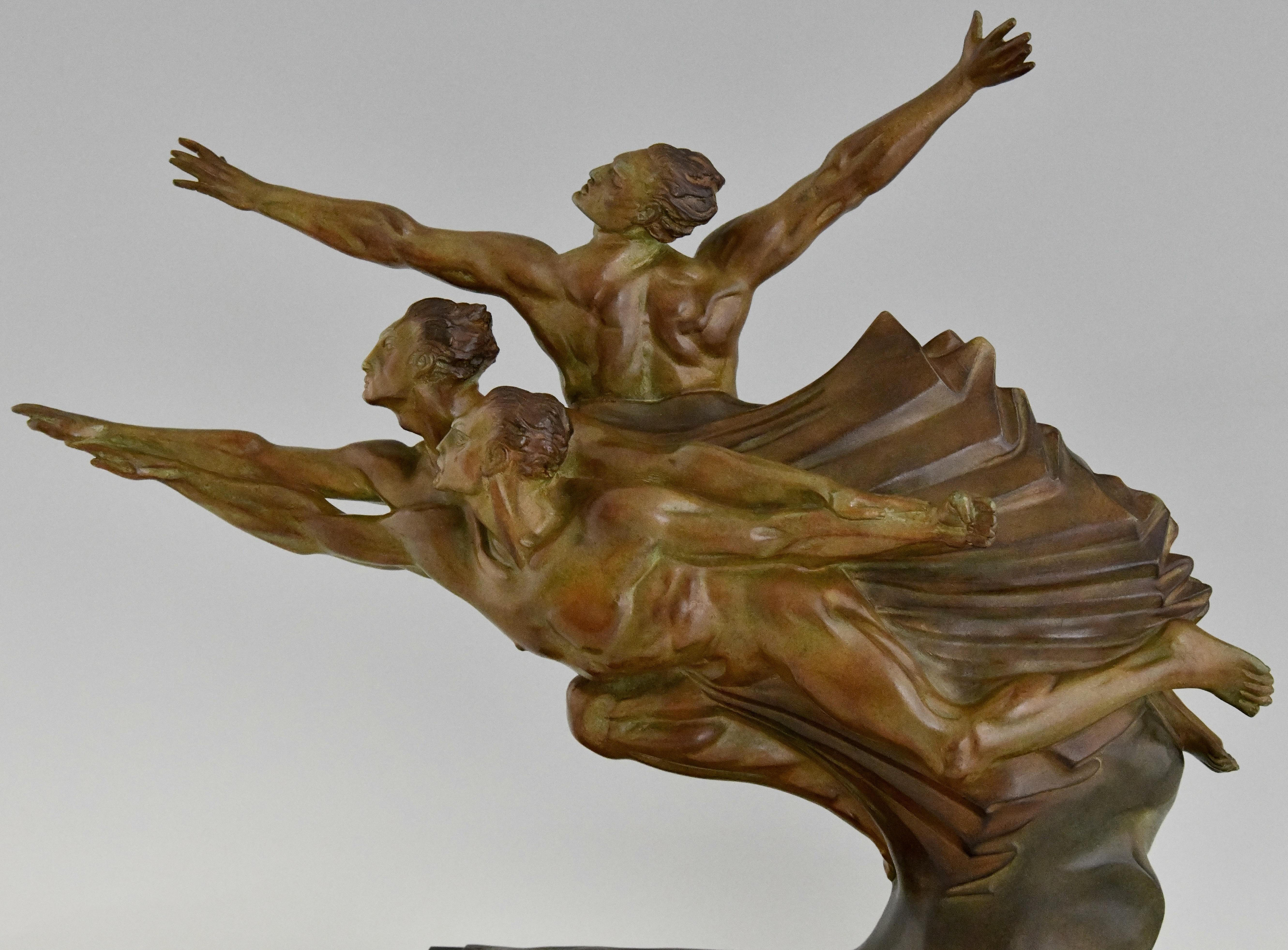 Scultura in bronzo Art Deco di 3 atleti ALLEGORIA DELLA VELOCITÀ di Robert Delandre in vendita 2