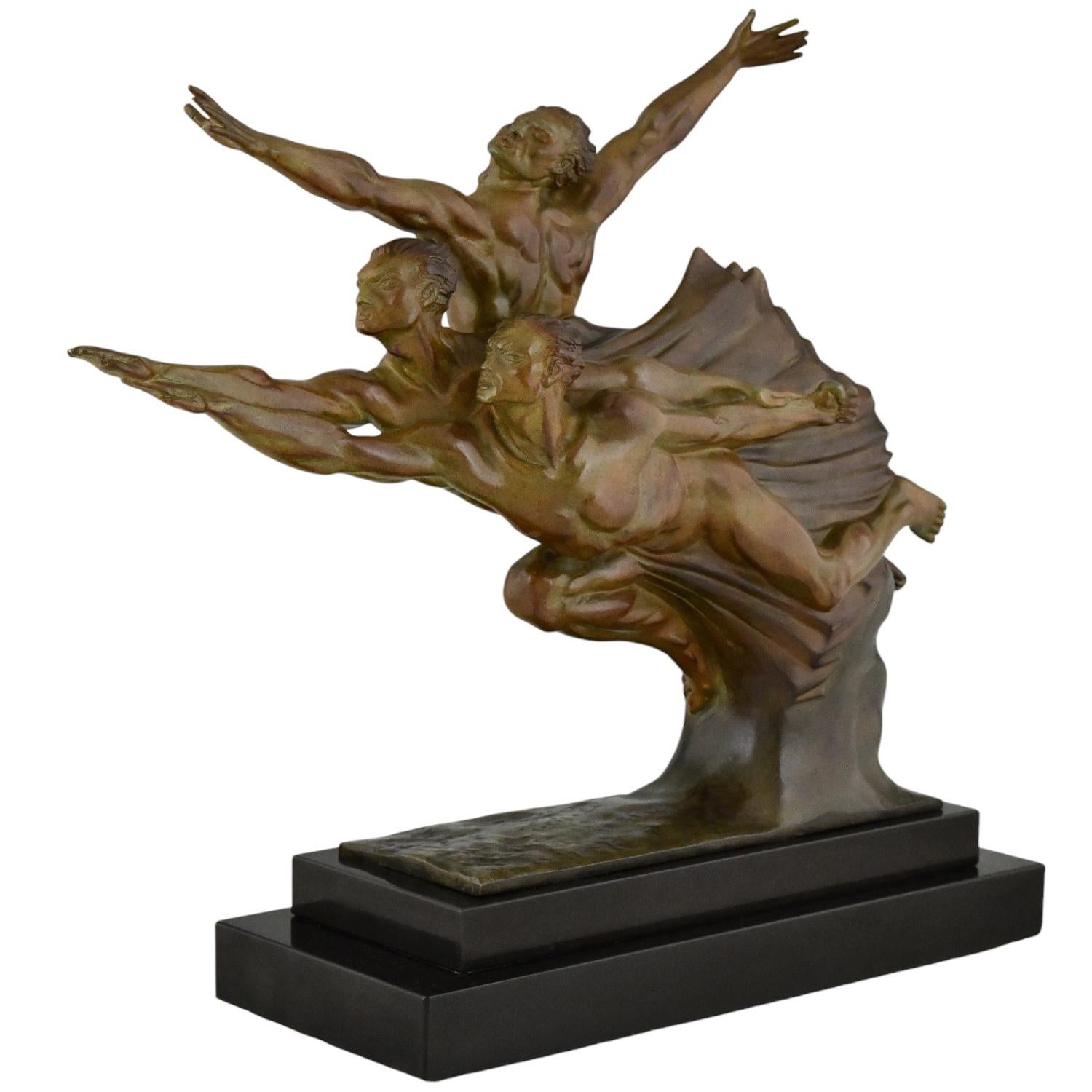 Art Déco Scultura in bronzo Art Deco di 3 atleti ALLEGORIA DELLA VELOCITÀ di Robert Delandre in vendita