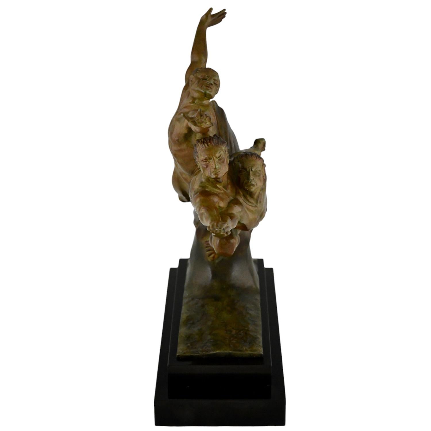 Francese Scultura in bronzo Art Deco di 3 atleti ALLEGORIA DELLA VELOCITÀ di Robert Delandre in vendita