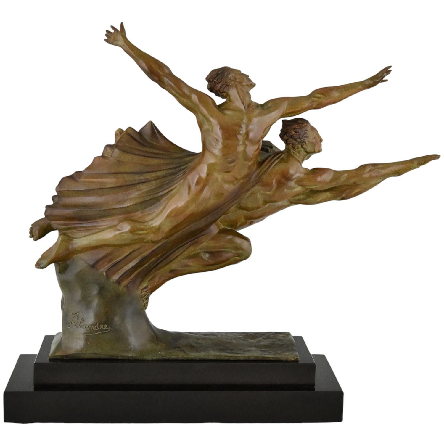 Scultura in bronzo Art Deco di 3 atleti ALLEGORIA DELLA VELOCITÀ di Robert Delandre In condizioni buone in vendita a Antwerp, BE