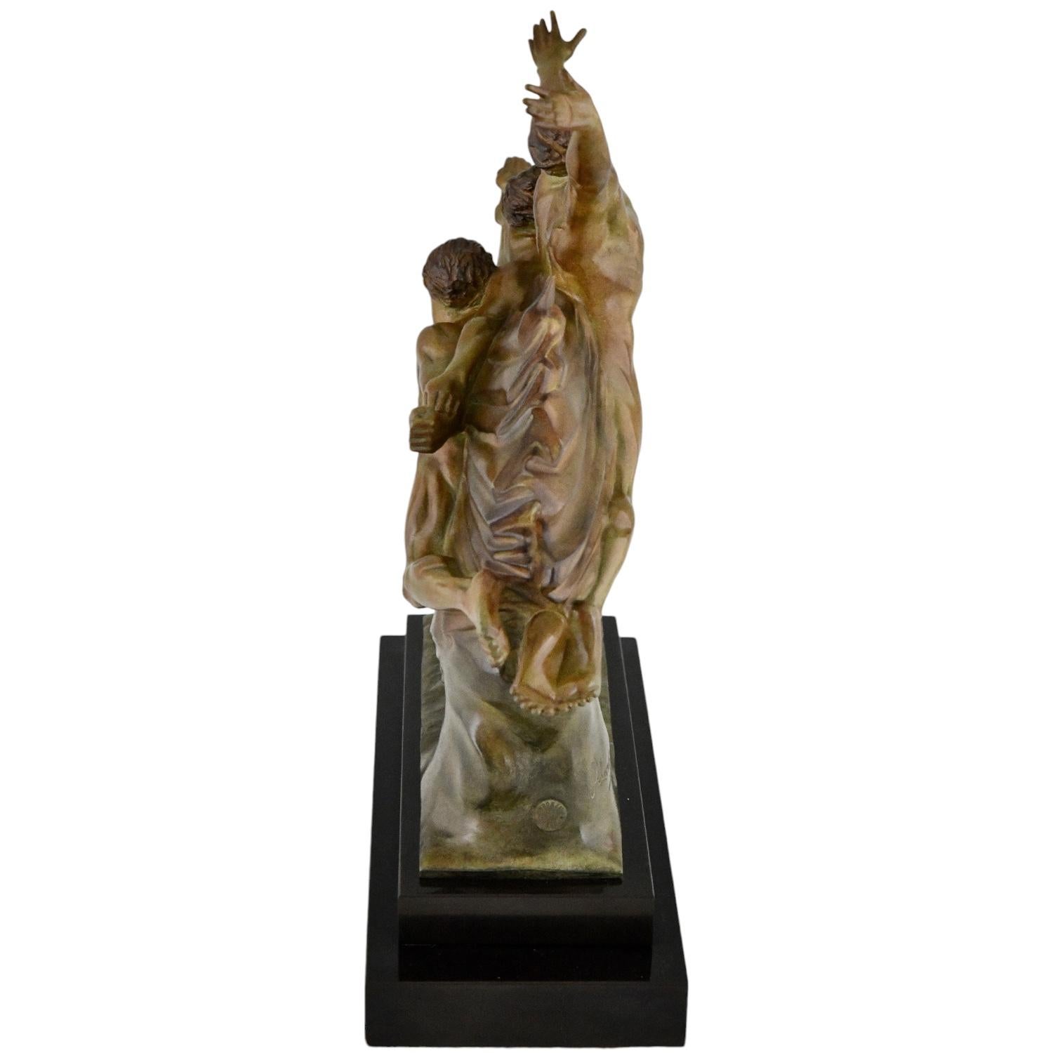 Metà XX secolo Scultura in bronzo Art Deco di 3 atleti ALLEGORIA DELLA VELOCITÀ di Robert Delandre in vendita