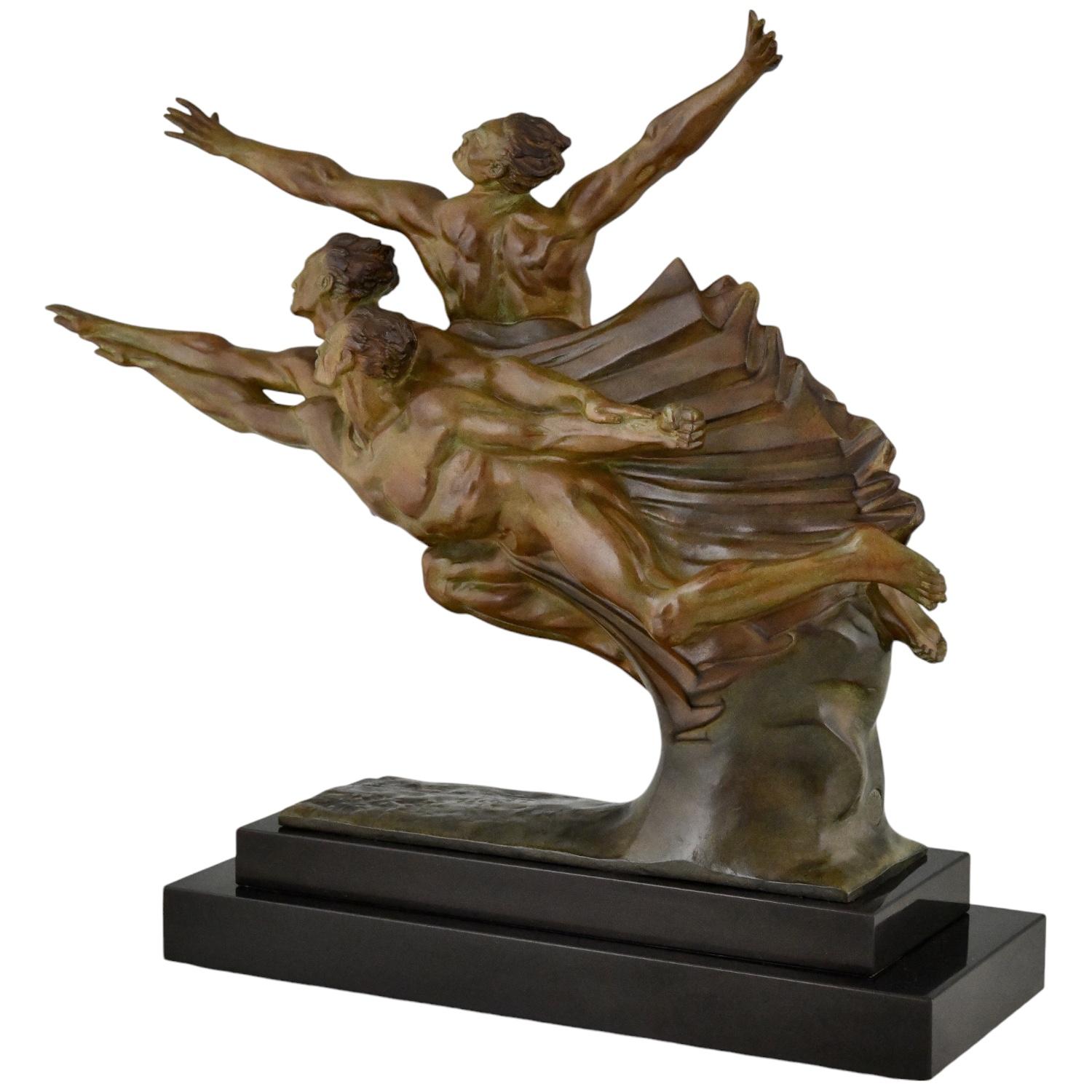 Bronzo Scultura in bronzo Art Deco di 3 atleti ALLEGORIA DELLA VELOCITÀ di Robert Delandre in vendita