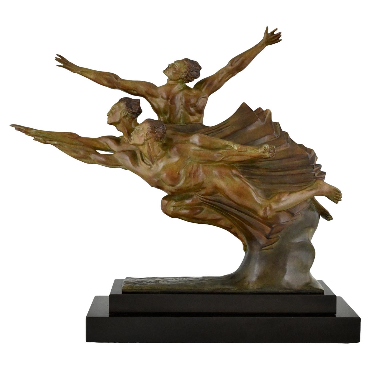 Scultura in bronzo Art Deco di 3 atleti ALLEGORIA DELLA VELOCITÀ di Robert Delandre