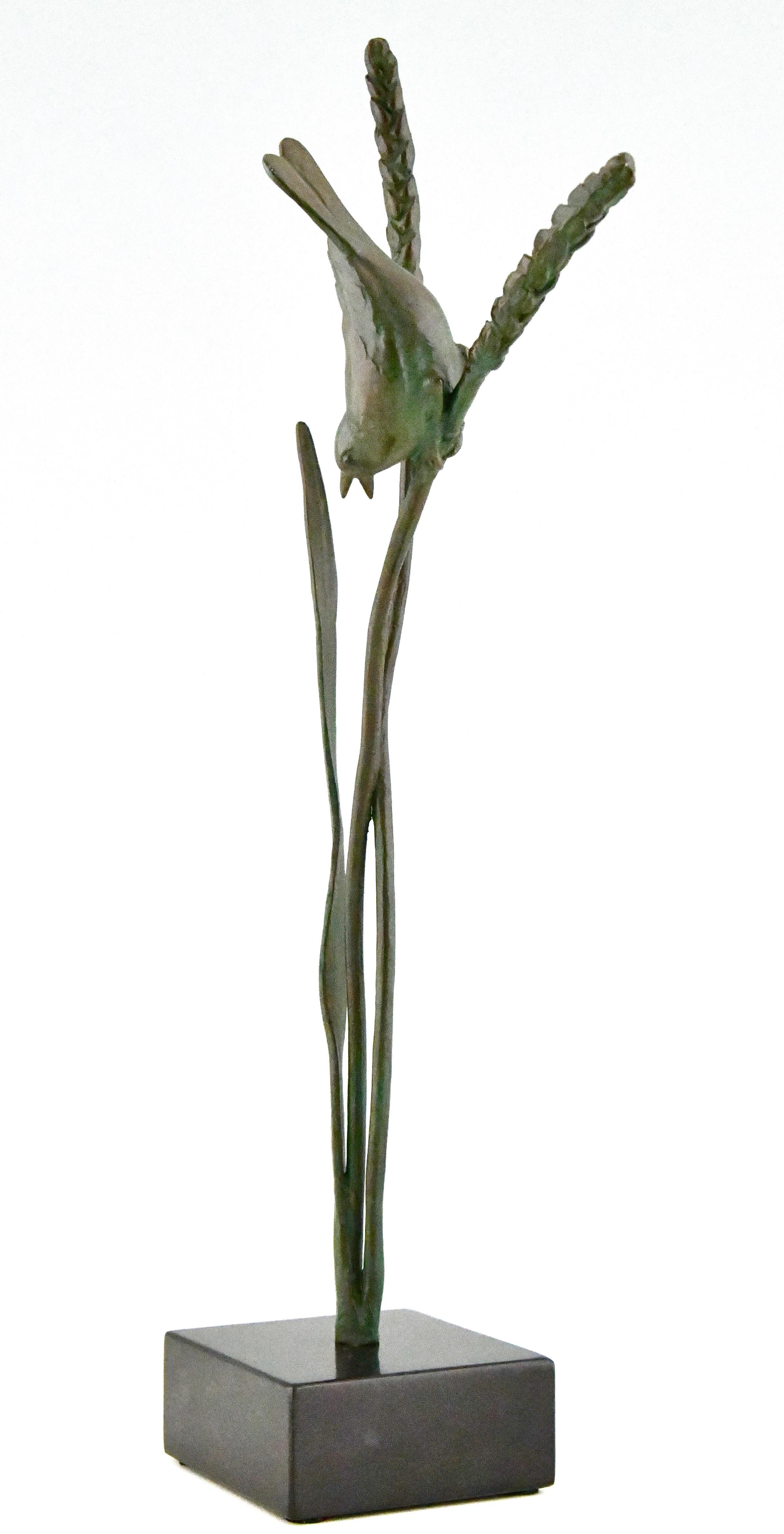 French Art Deco bronze sculpture of a bird on a wheat stalk by Chattel, France 1930 For Sale
