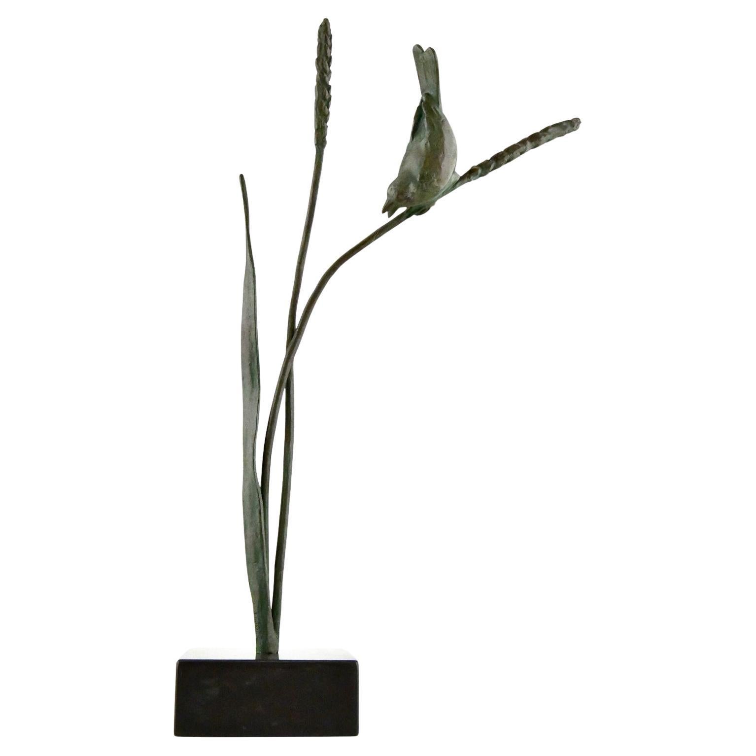 Art Deco bronze sculpture of a bird on a wheat stalk by Chattel, France 1930