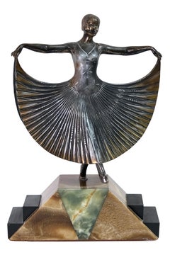 Art Deco Bronze Sculpture of a Dancer with Dress Fanned Out Wide on Marble Base