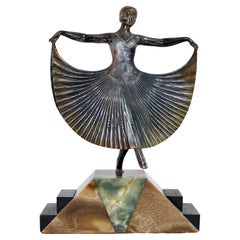 Art Deco Bronze Sculpture of a Dancer with Dress Fanned Out Wide on Marble Base