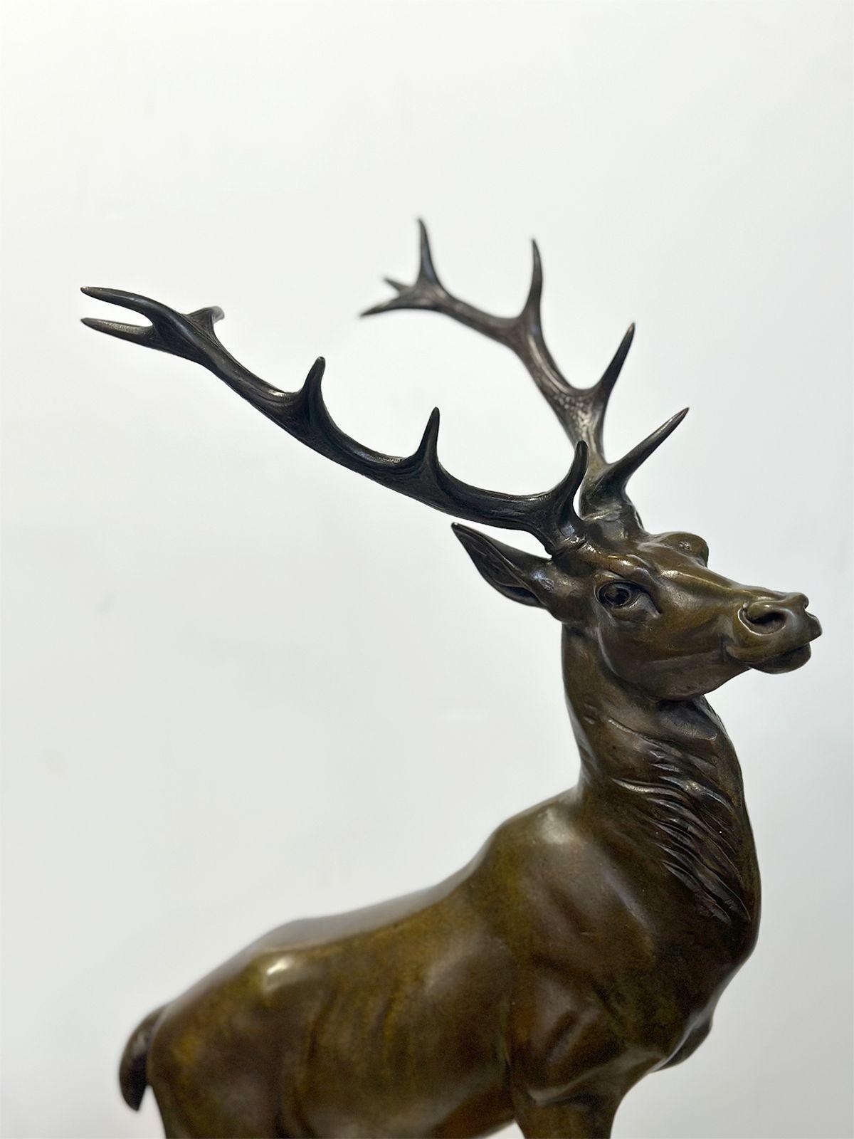 French Art Deco Bronze Sculpture of a Deer on Marble Base, c. 1930's For Sale