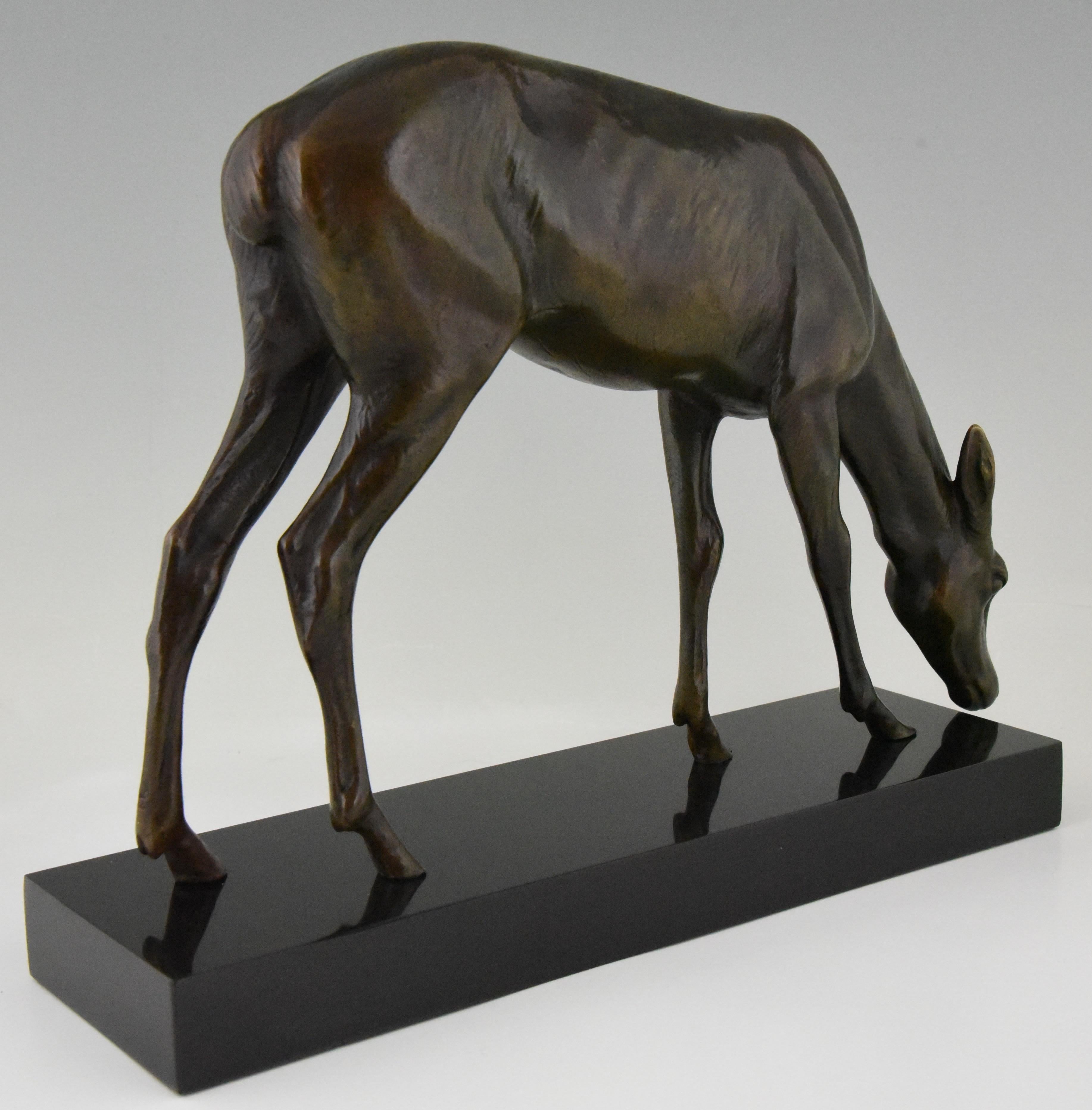 Patinated Art Deco Bronze Sculpture of a Female Deer Louis Riche, France, 1920