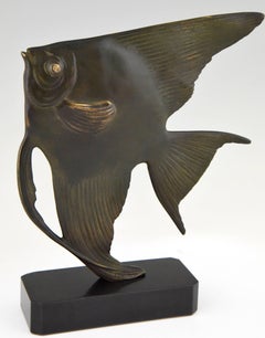 Art Deco Bronze Sculpture of a Fish by Luc on Marble Base, France 1930