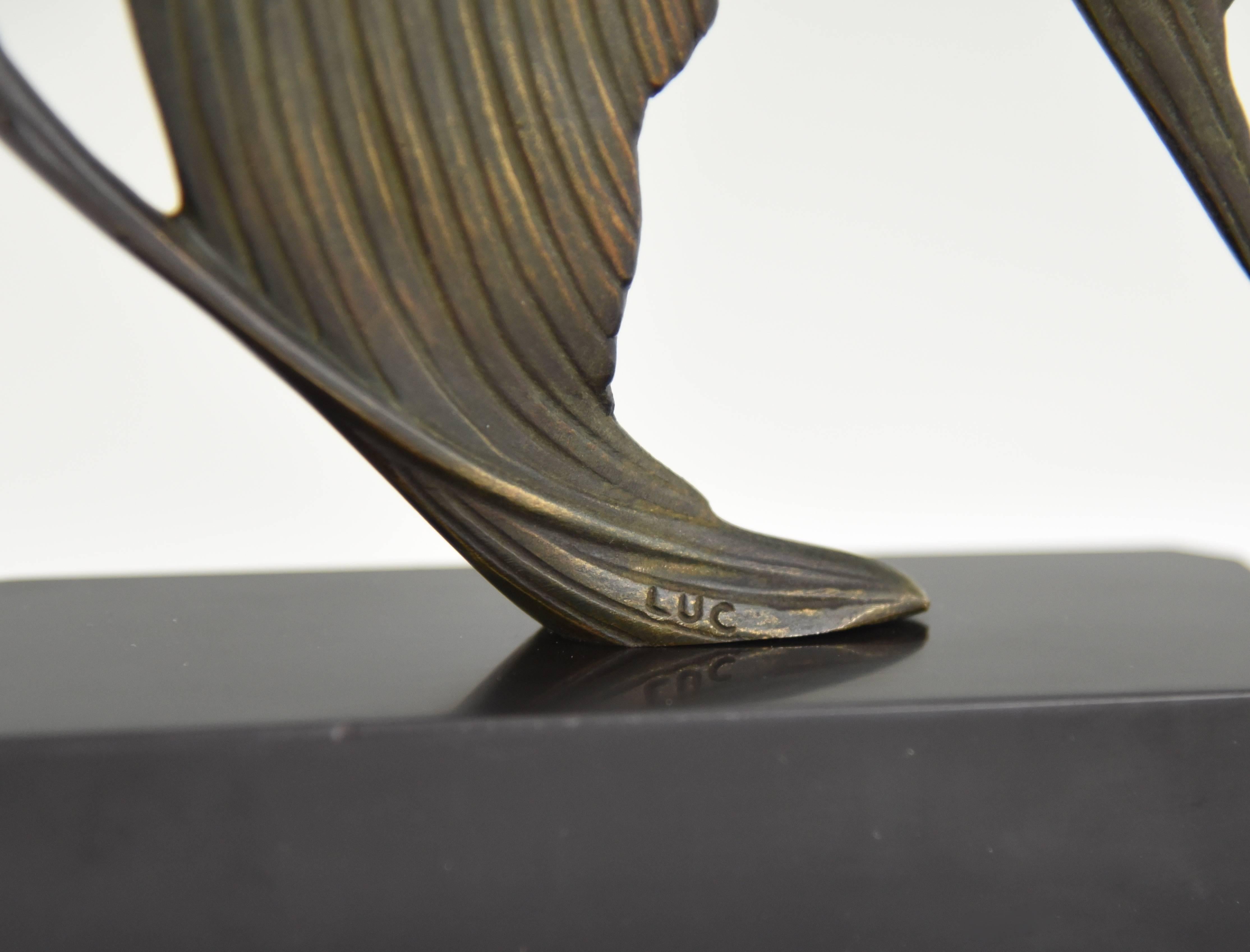 Art Deco Bronze Sculpture of a Fish by Luc on Marble Base, France 1930 1