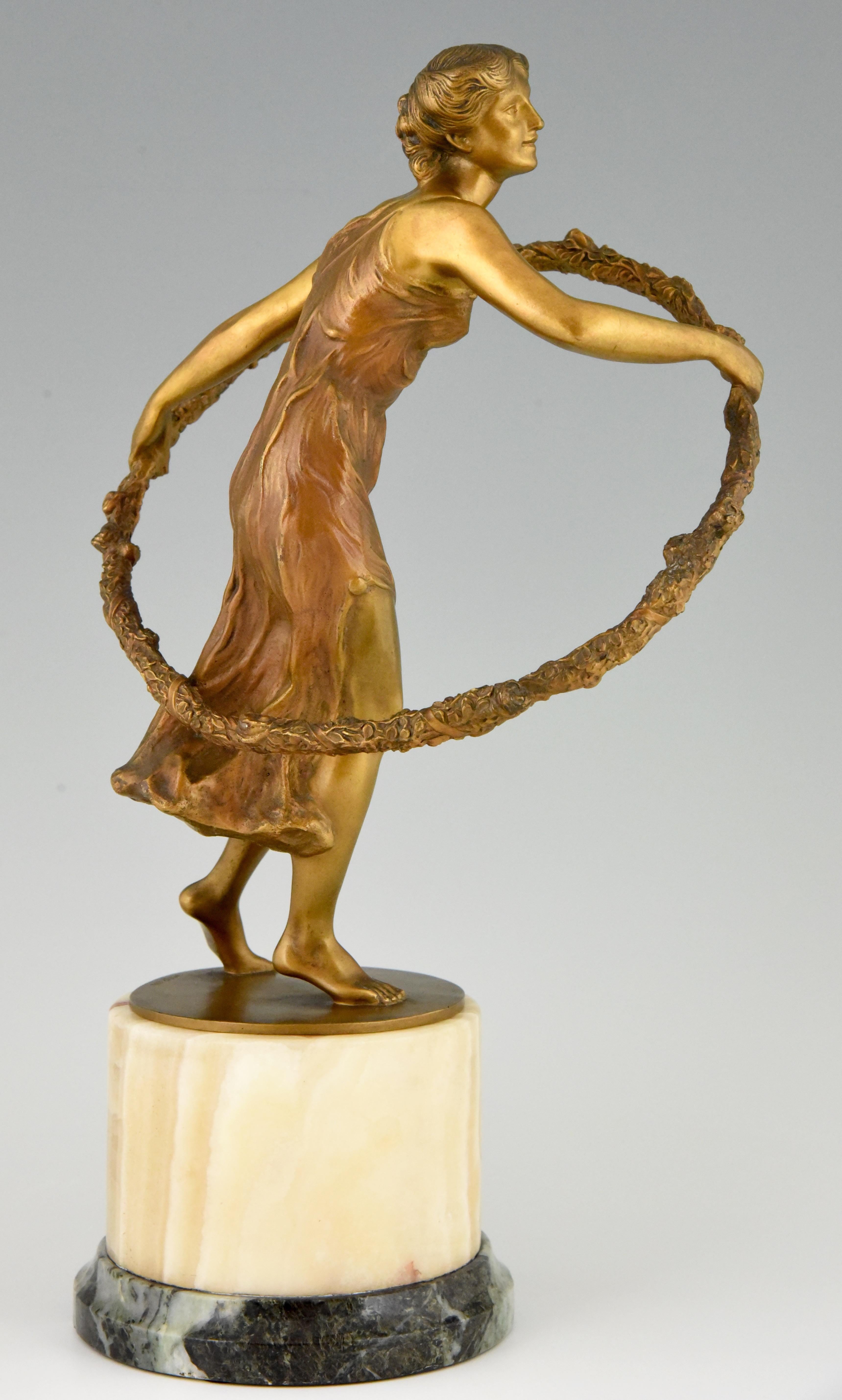 20th Century Art Deco Bronze Sculpture of a Girl with Hoop by Georges Morin  France  1920