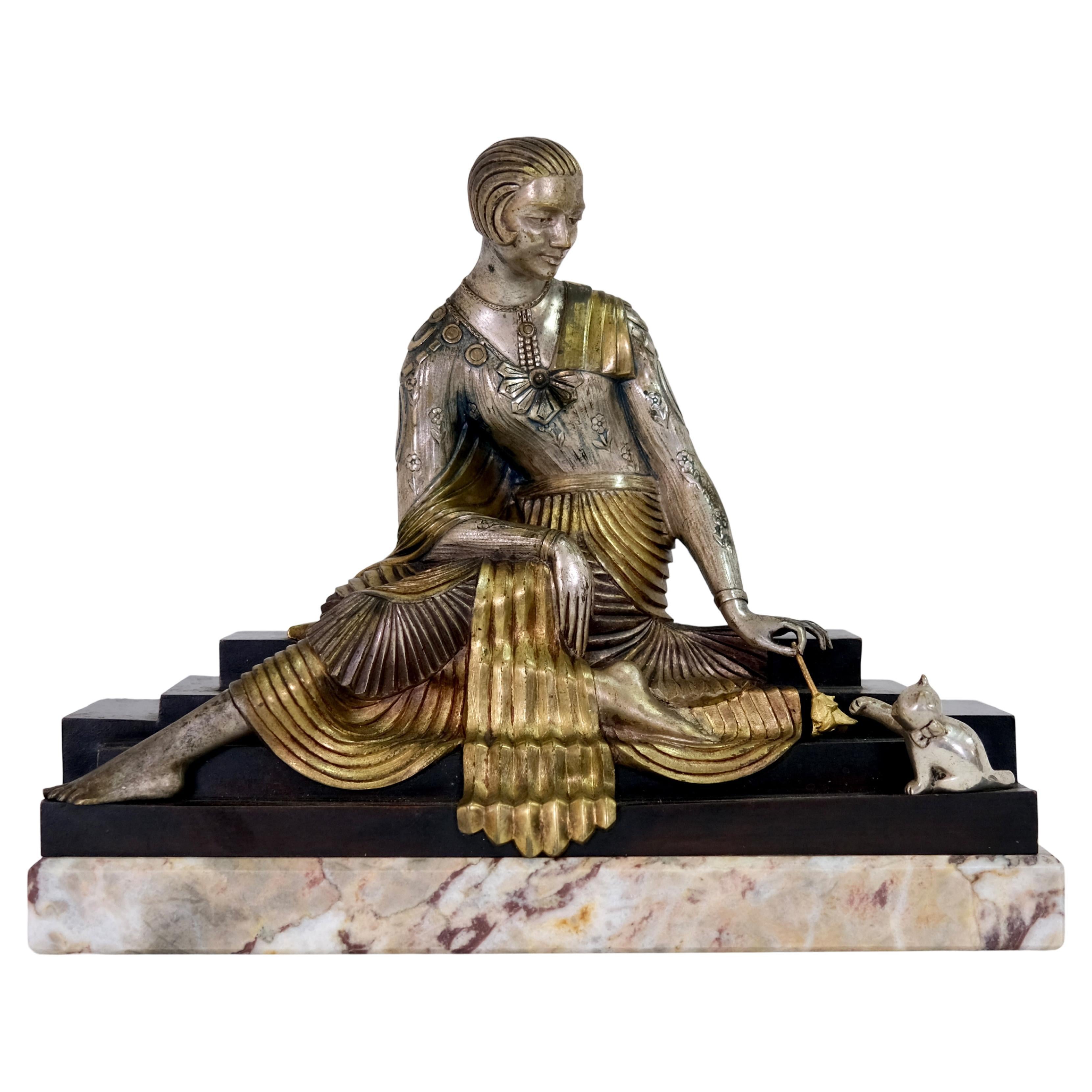 Art Deco Bronze Sculpture of a Lady with Kitten by Georges Lavroff For Sale  at 1stDibs