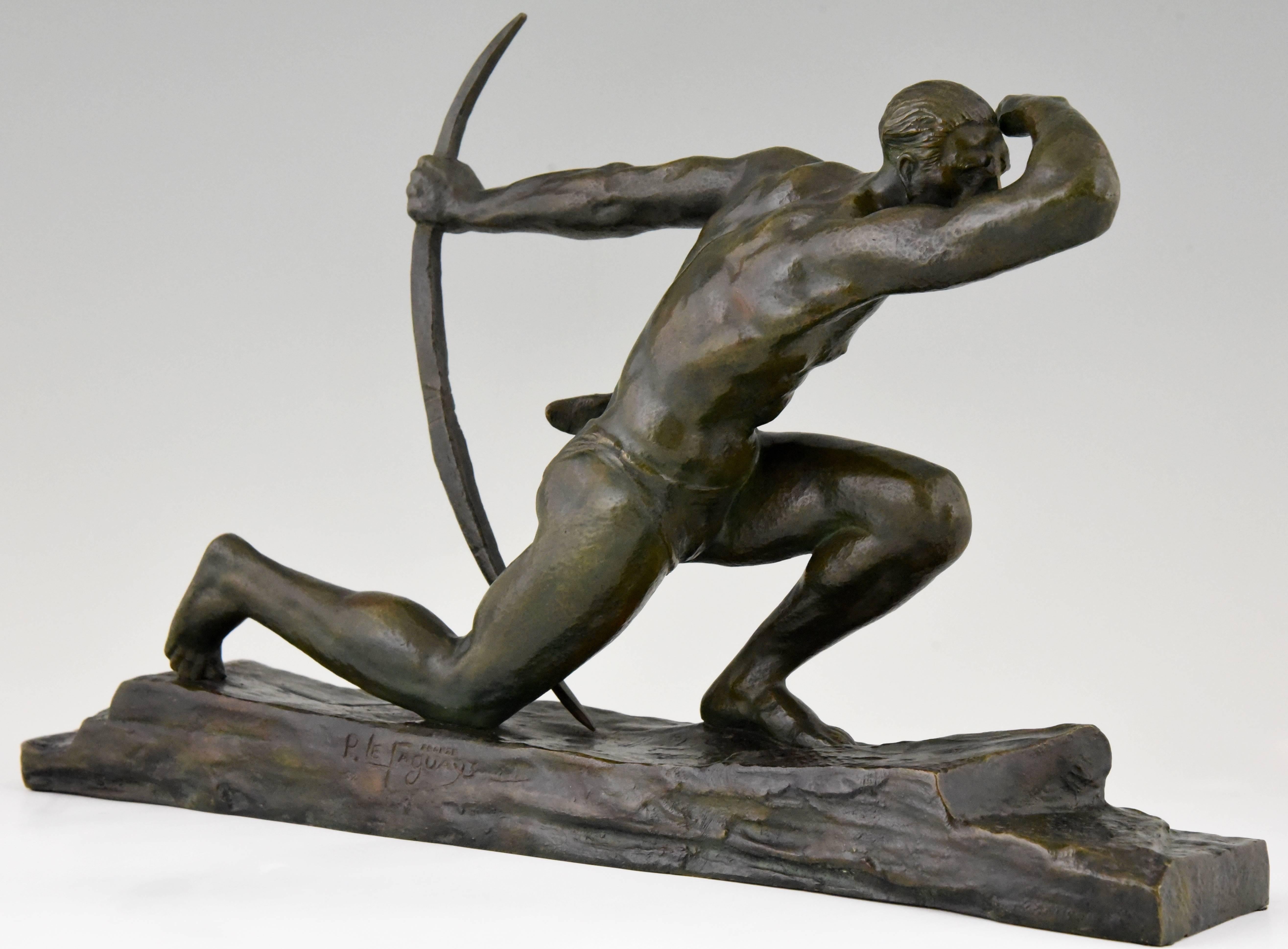 Art Deco Bronze Sculpture of a Male Archer by Pierre Le Faguays, France 1930 1