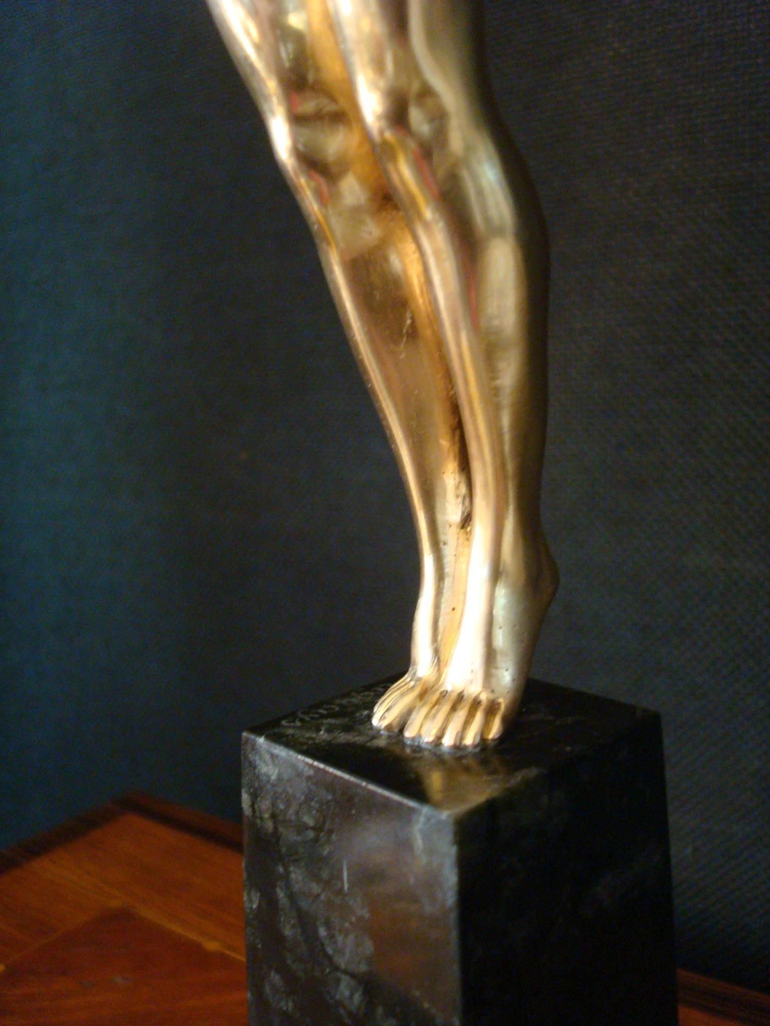 Art Deco Bronze Sculpture of a Nude Figure Holding a Dove by Pierre Le Faguays 2