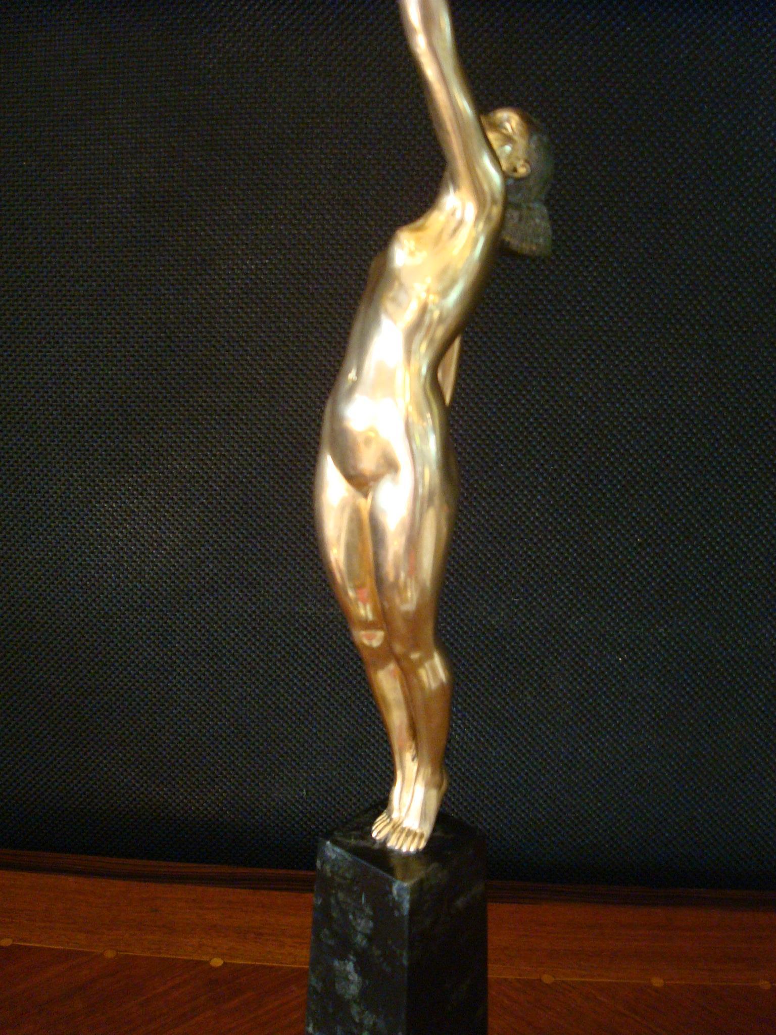 Art Deco Bronze Sculpture of a Nude Figure Holding a Dove by Pierre Le Faguays 4