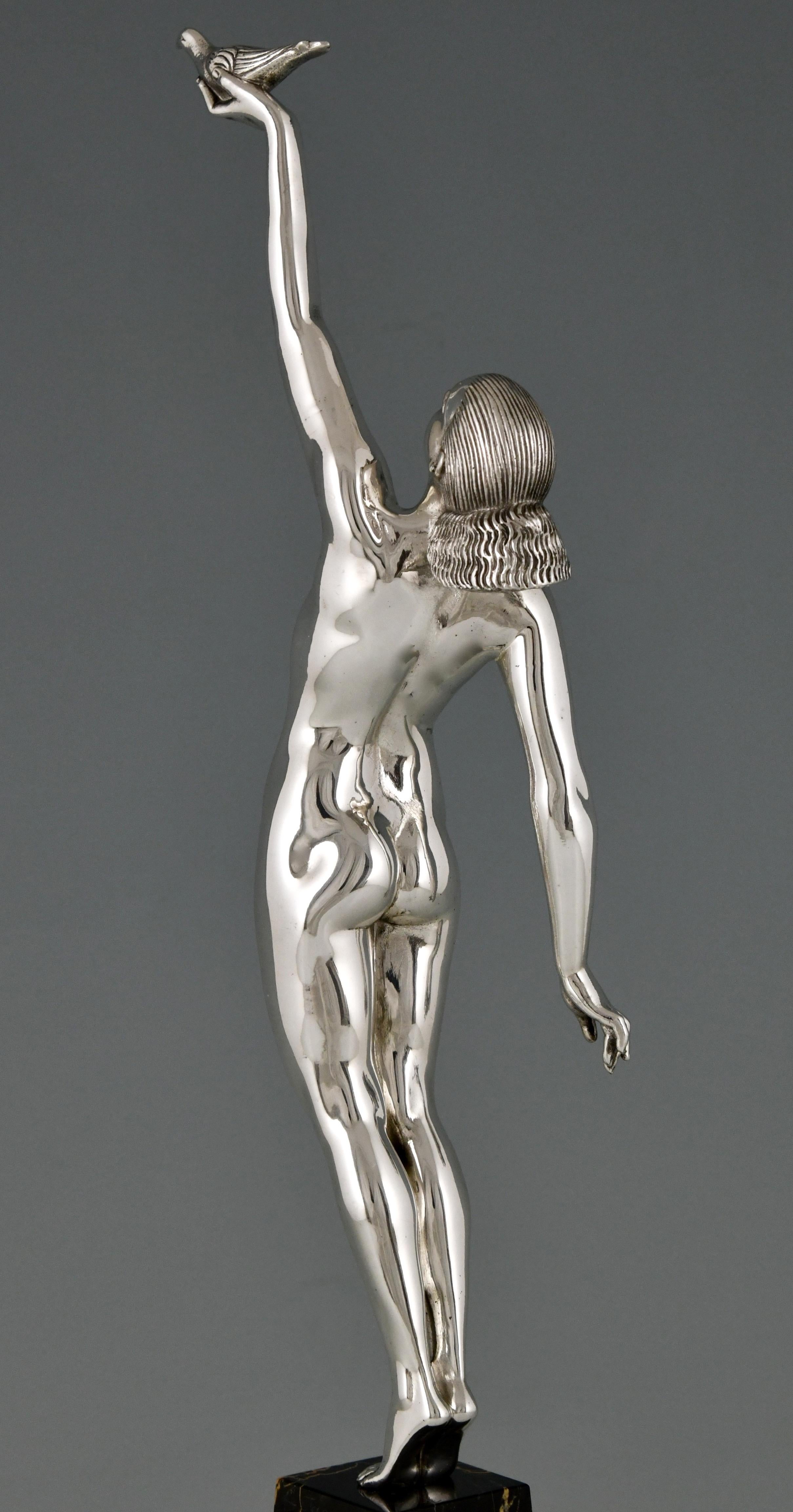 Art Deco Bronze Sculpture of a Nude with Dove, Message of Love by P. Le Faguays 3