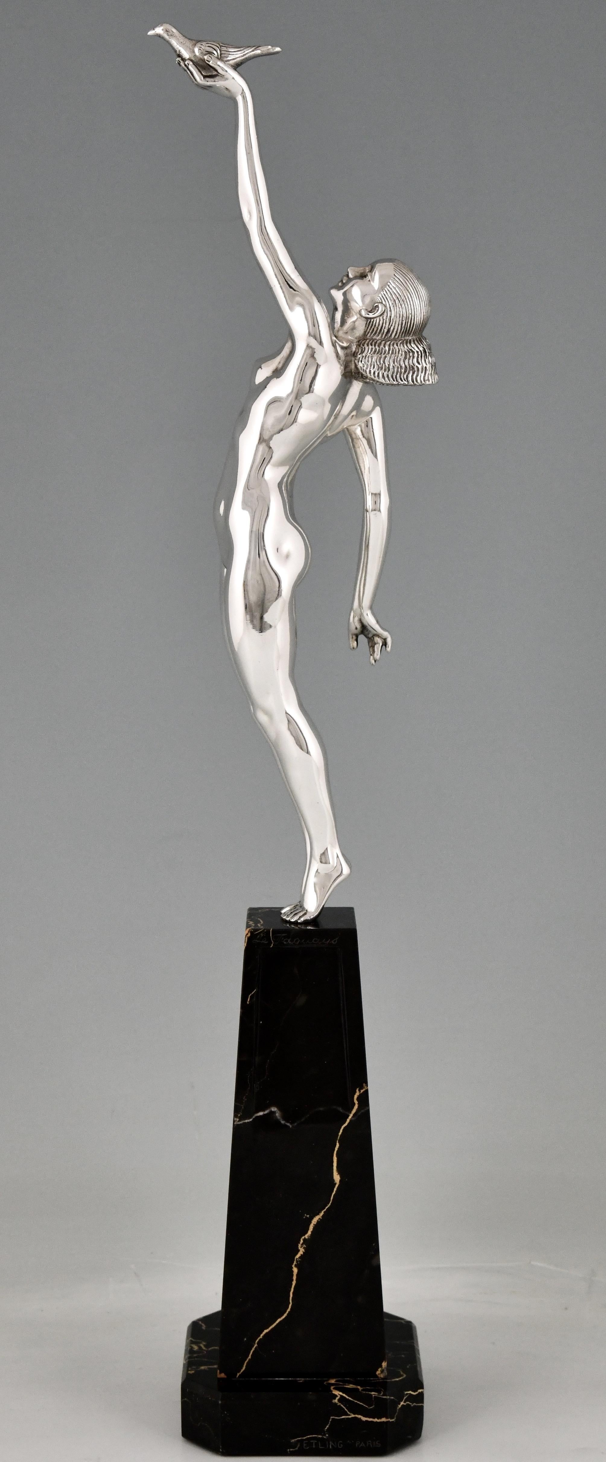 French Art Deco Bronze Sculpture of a Nude with Dove, Message of Love by P. Le Faguays