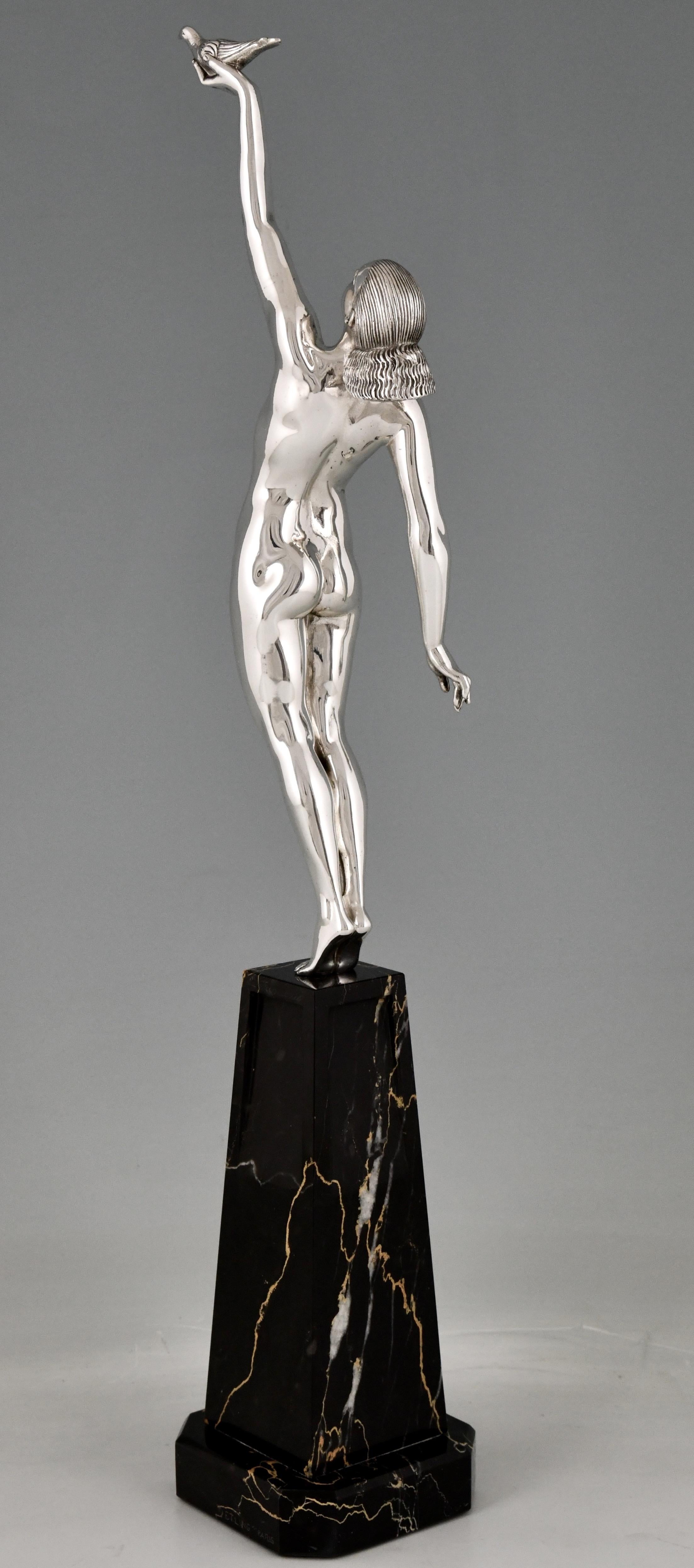 Silvered Art Deco Bronze Sculpture of a Nude with Dove, Message of Love by P. Le Faguays