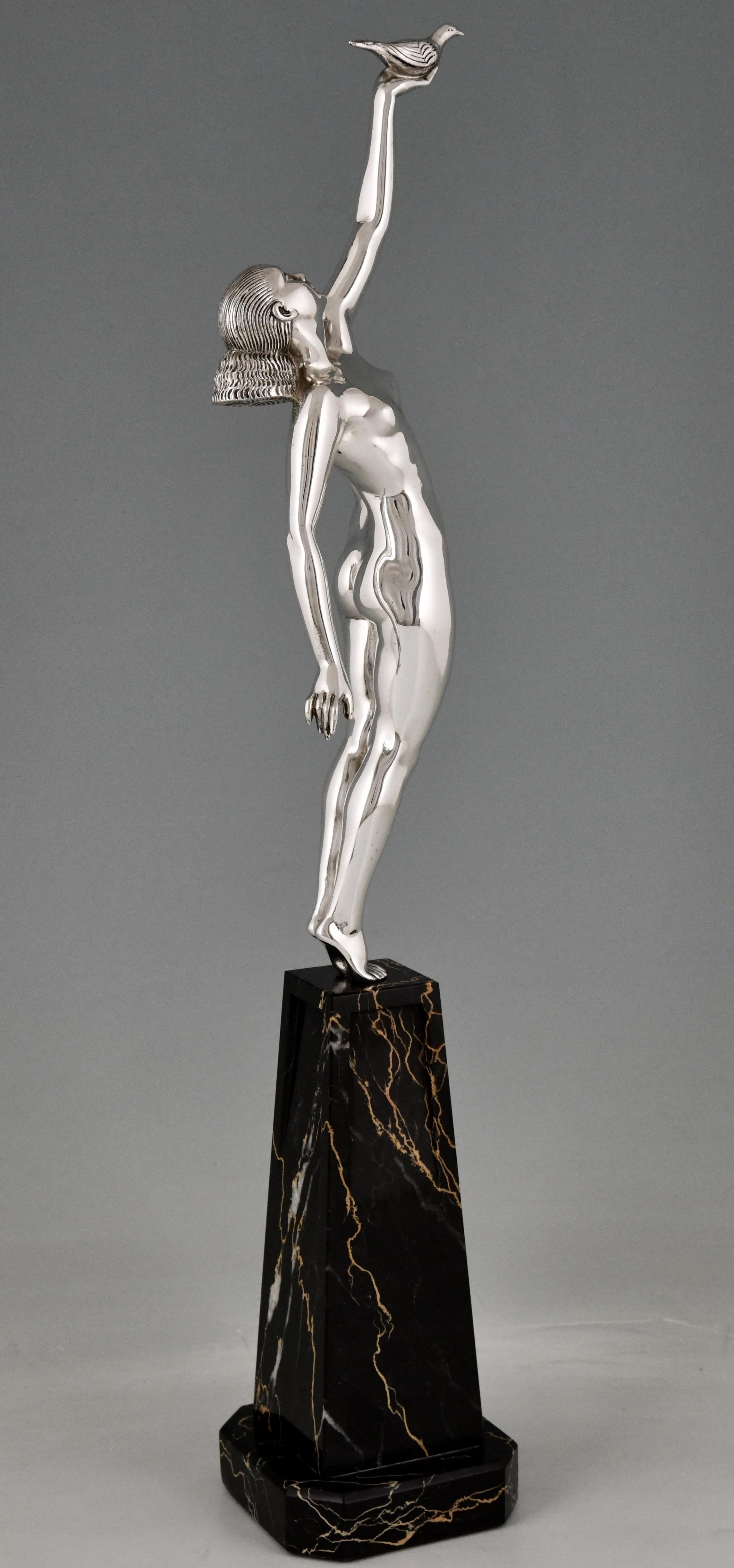 Early 20th Century Art Deco Bronze Sculpture of a Nude with Dove, Message of Love by P. Le Faguays