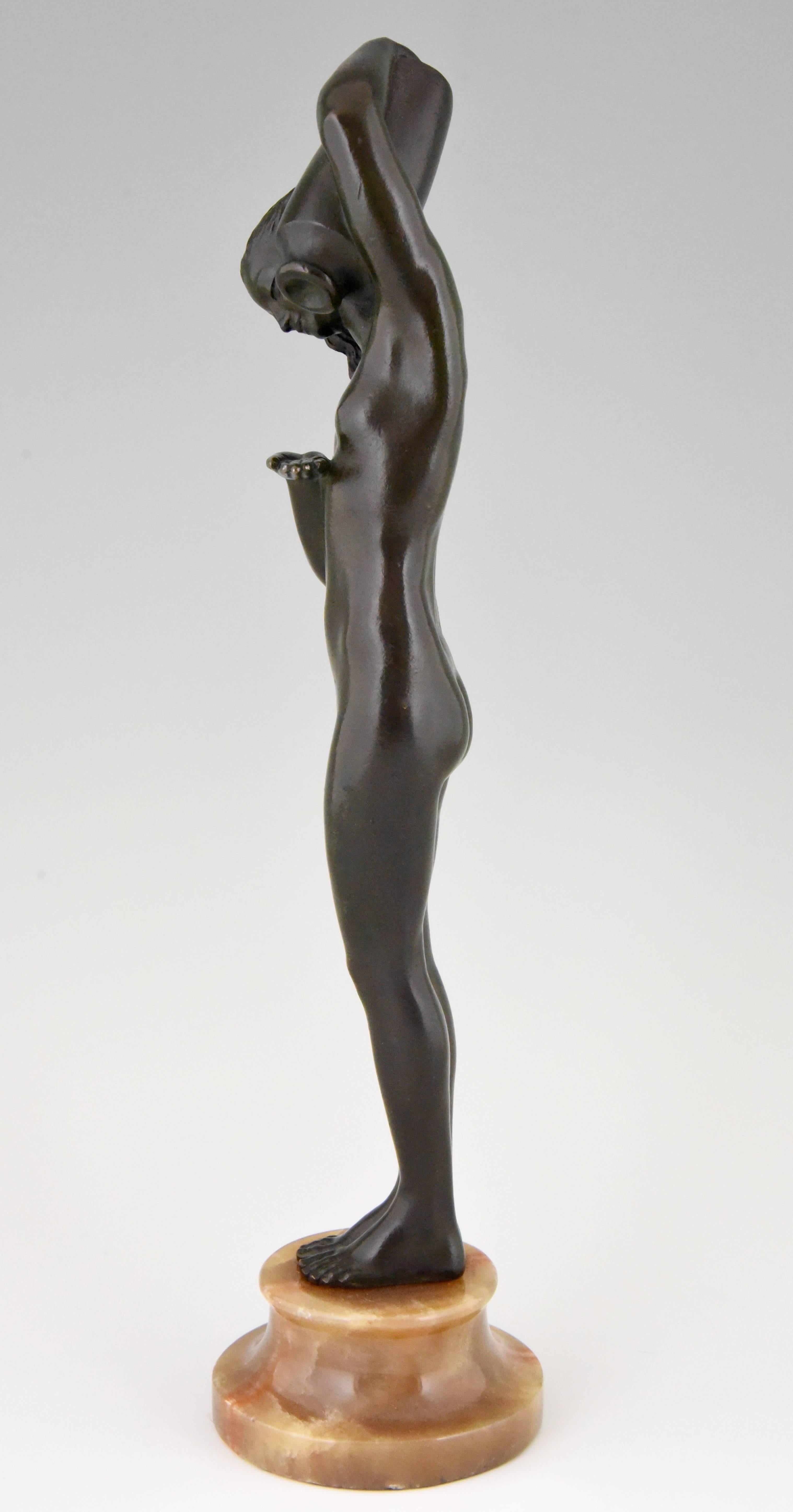 French Art Deco Bronze Sculpture of a Nude with Jar Raymonde Guerbe Attributed, France