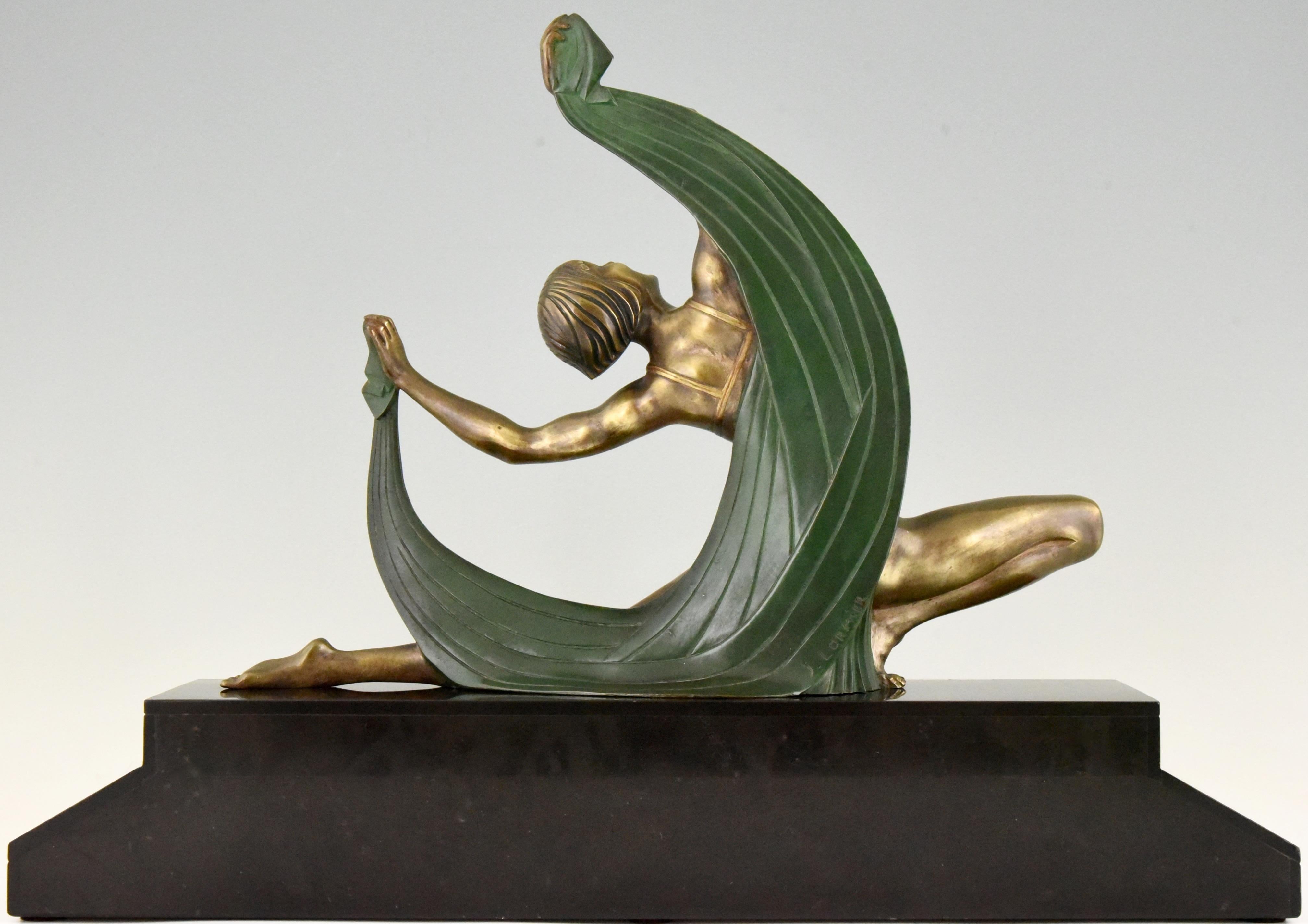 French Art Deco Bronze Sculpture of a Scarf Dancer on Sunburst Base Jean Lormier, 1925