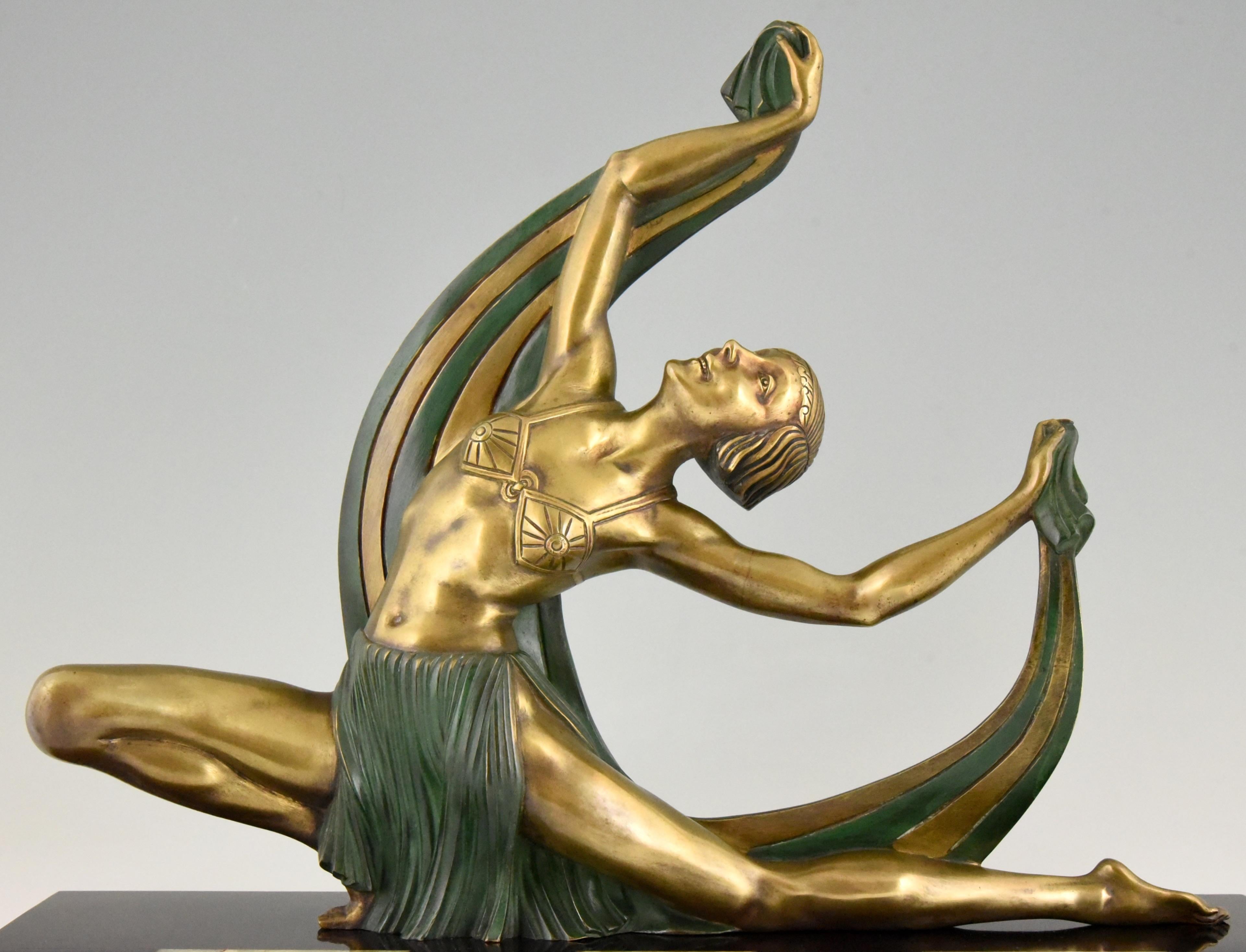 Early 20th Century Art Deco Bronze Sculpture of a Scarf Dancer on Sunburst Base Jean Lormier, 1925