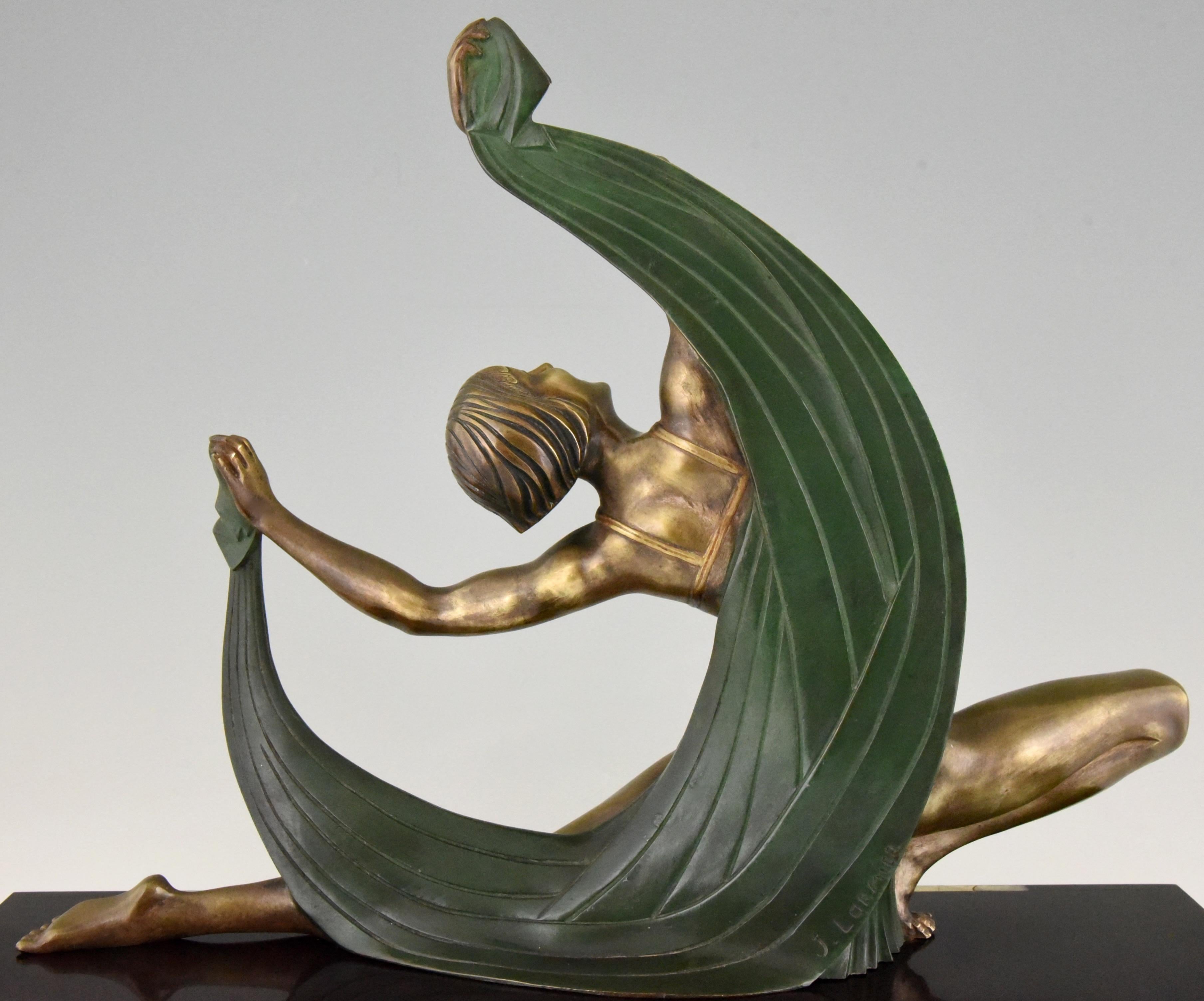 Art Deco Bronze Sculpture of a Scarf Dancer on Sunburst Base Jean Lormier, 1925 1