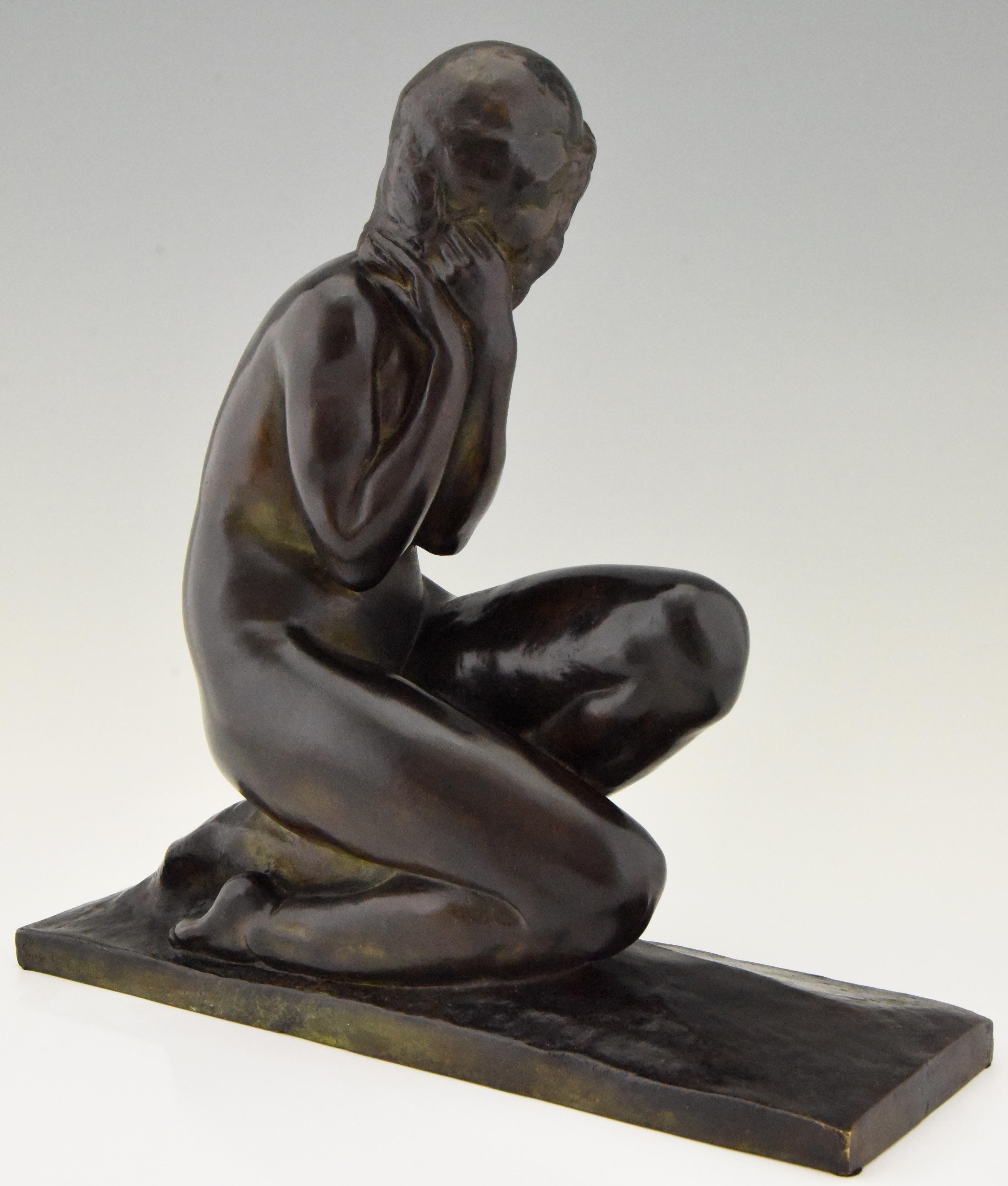 20th Century Art Deco Bronze Sculpture of a Seated Nude Jean Ortis, France, 1930