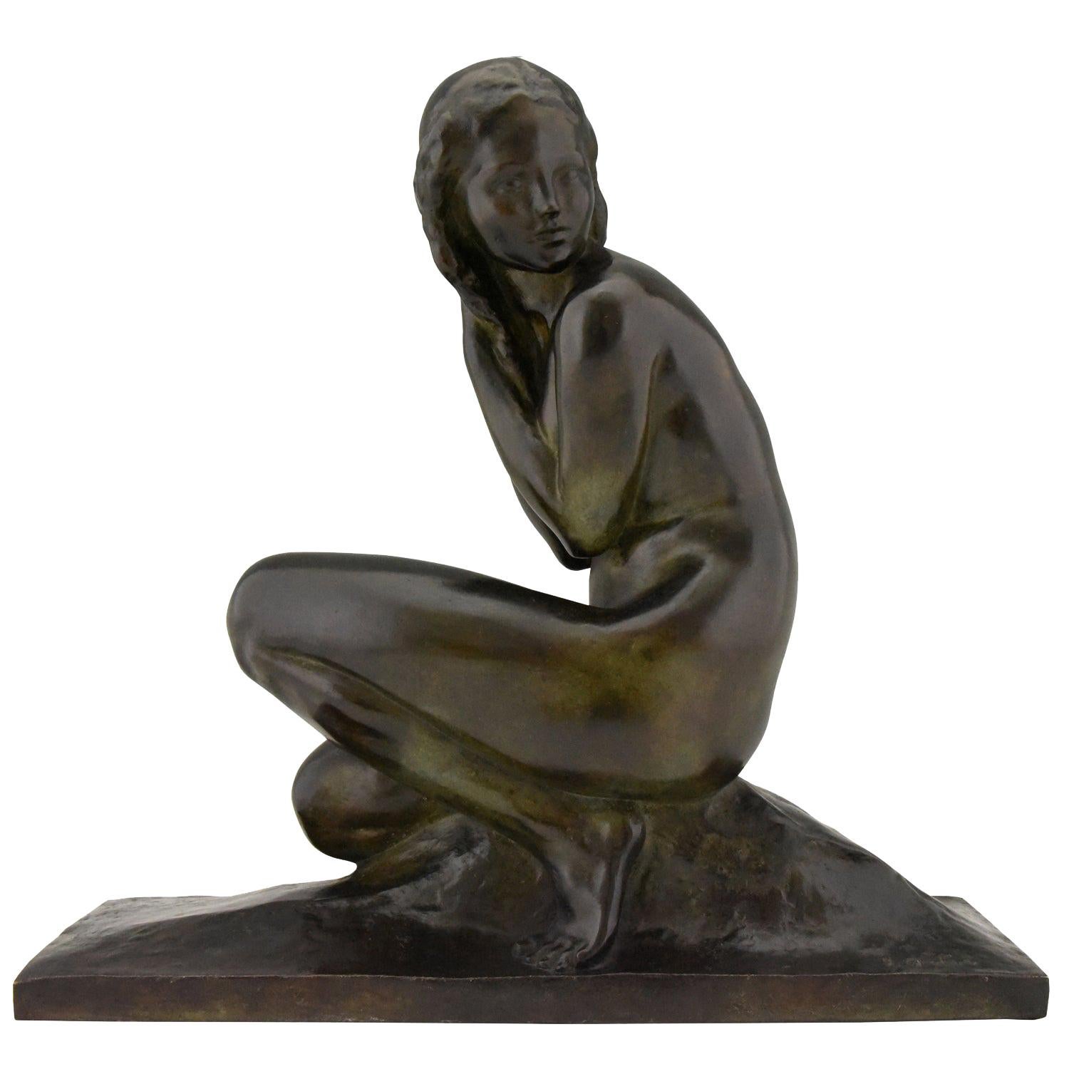 Art Deco Bronze Sculpture of a Seated Nude Jean Ortis, France, 1930