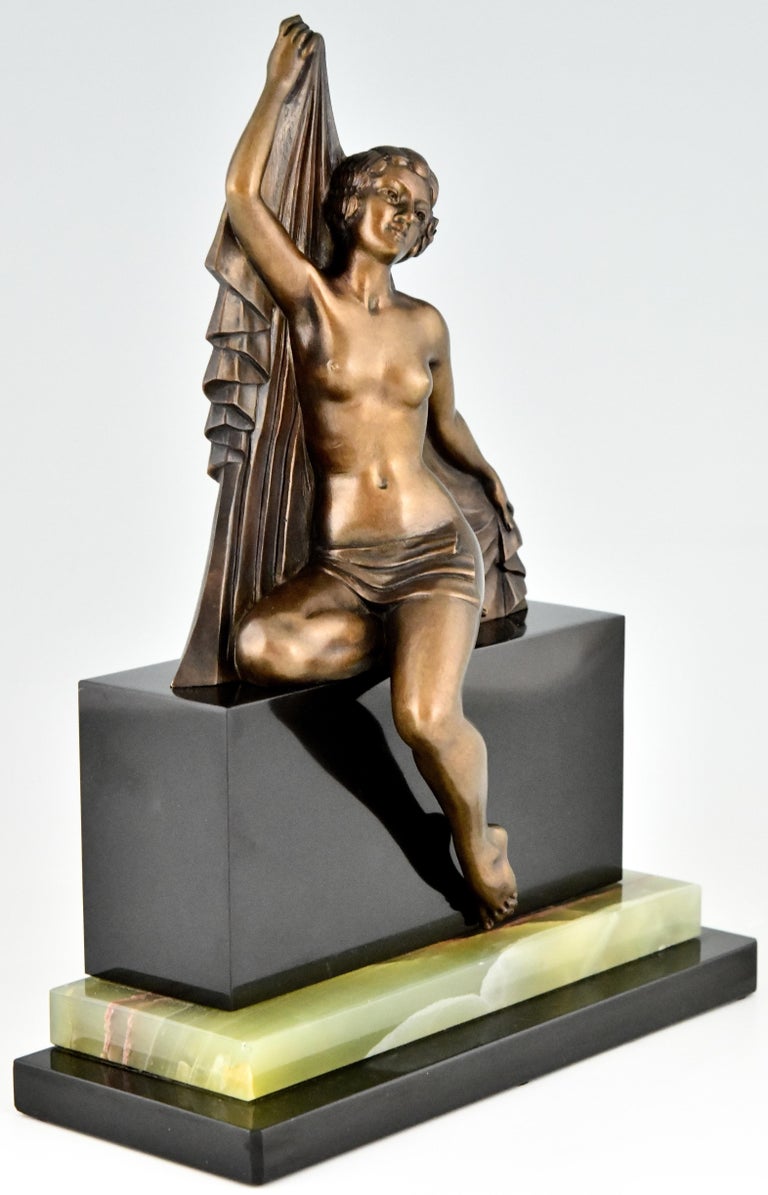 French Art Deco Bronze Sculpture of a Seated Nude with Drape by H. Molins, France, 1925
