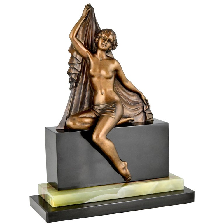 Art Deco Bronze Sculpture of a Seated Nude with Drape by H. Molins, France, 1925