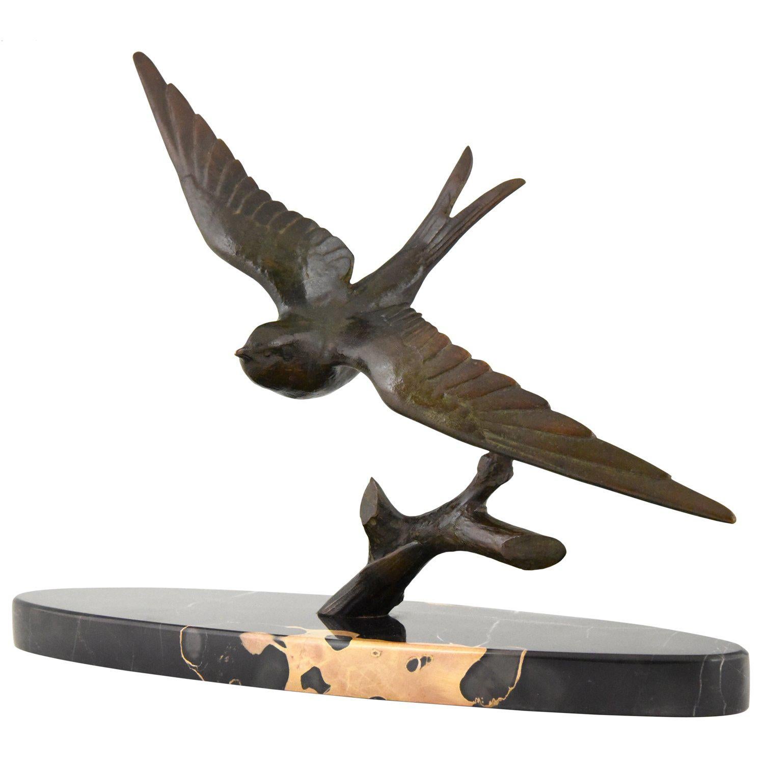 Art Deco Bronze Sculpture of a Swallow Bird by Ruchot, France, 1930
