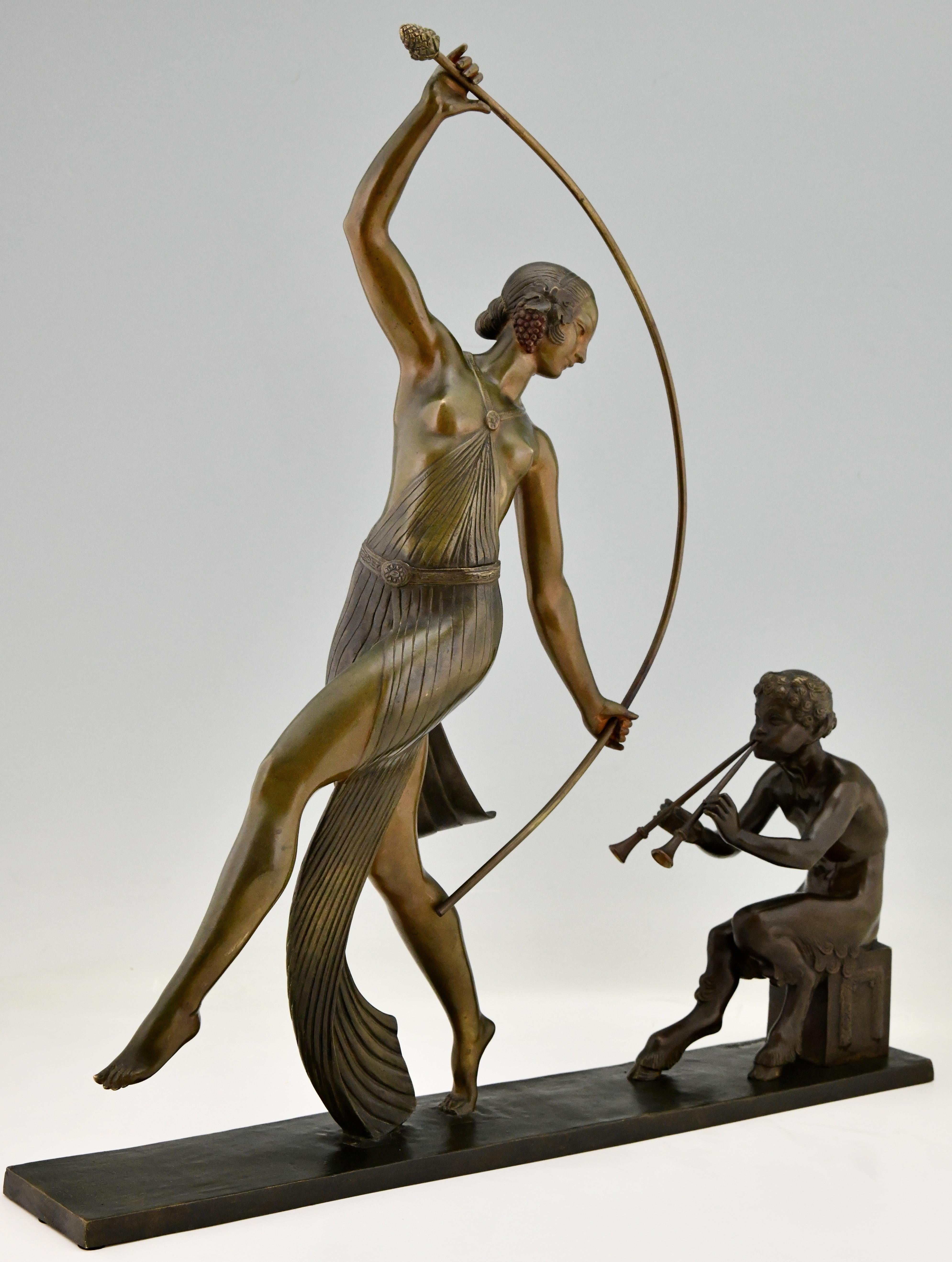 Art Deco Bronze Sculpture of a Thyrse Dancer with Faun Guirande Joe Descomps 4