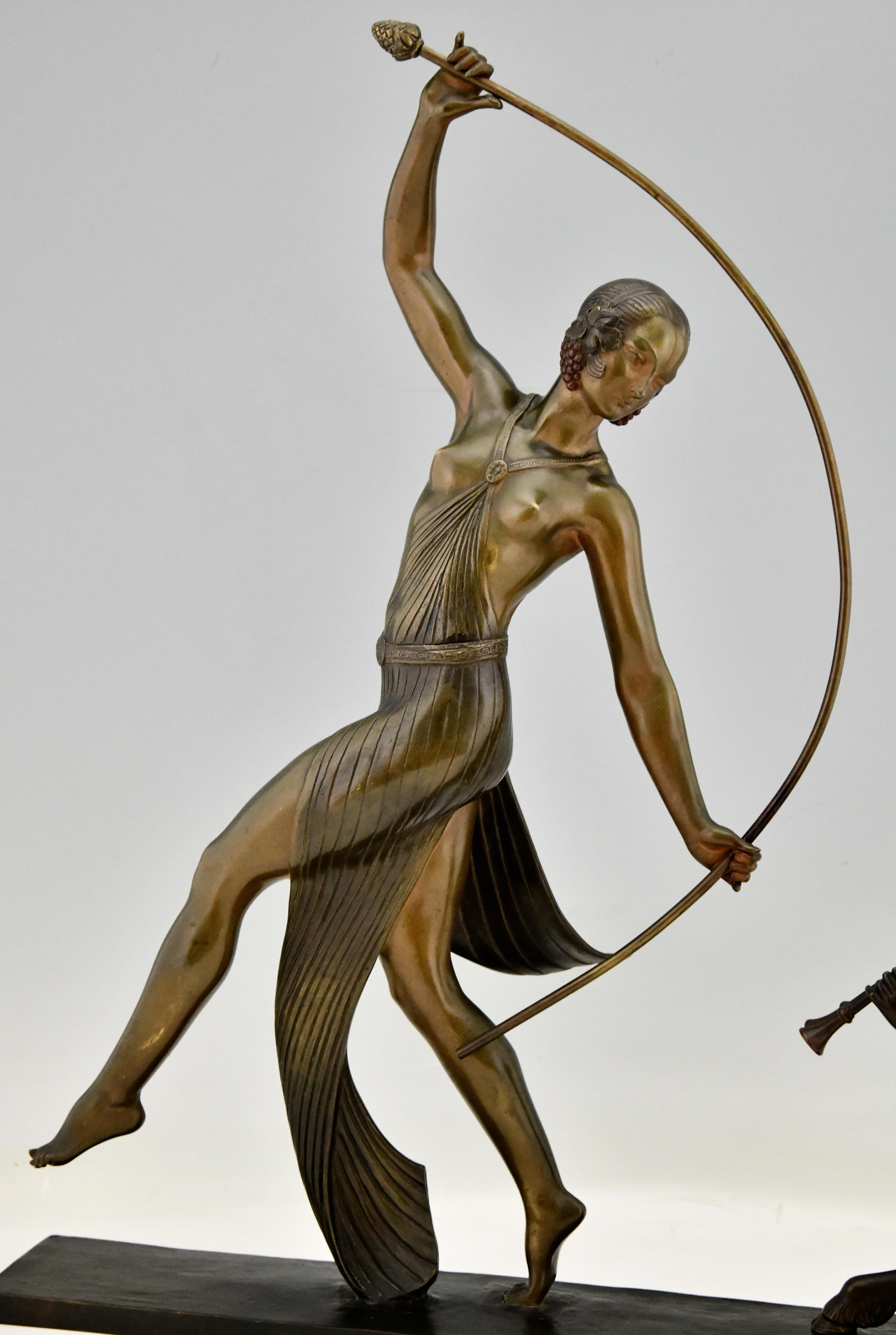 Art Deco Bronze Sculpture of a Thyrse Dancer with Faun Guirande Joe Descomps 5
