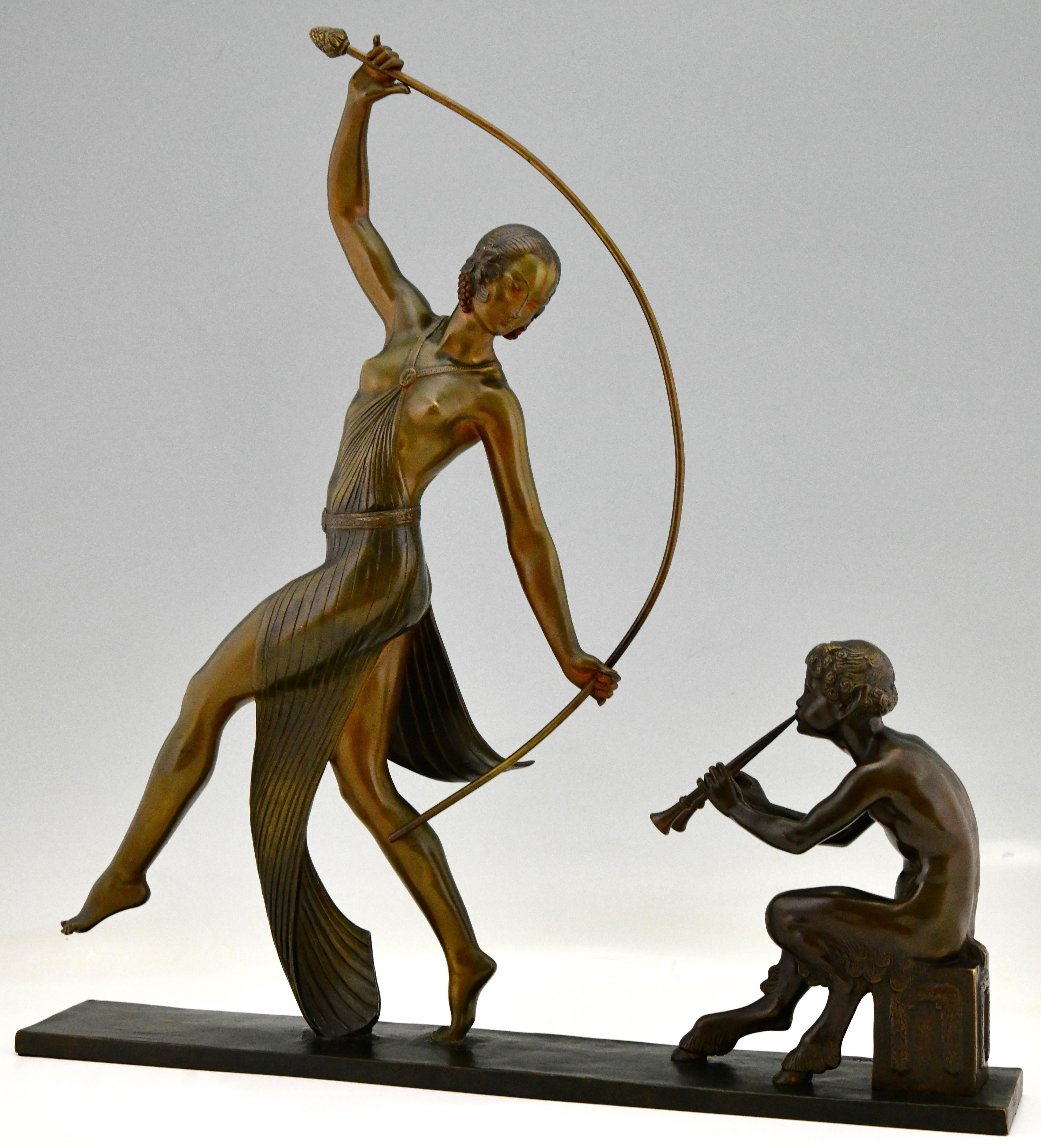 French Art Deco Bronze Sculpture of a Thyrse Dancer with Faun Guirande Joe Descomps