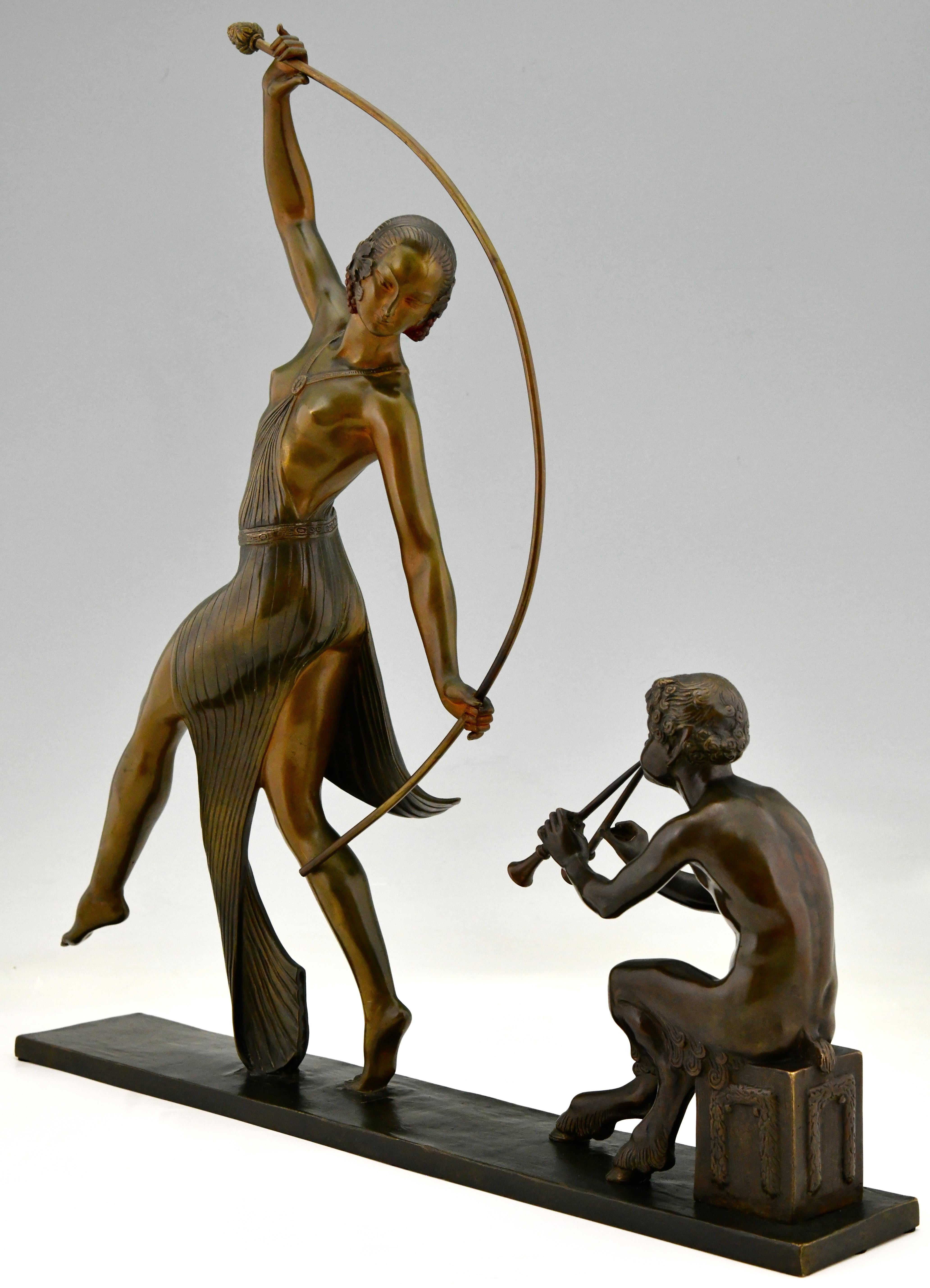 Patinated Art Deco Bronze Sculpture of a Thyrse Dancer with Faun Guirande Joe Descomps