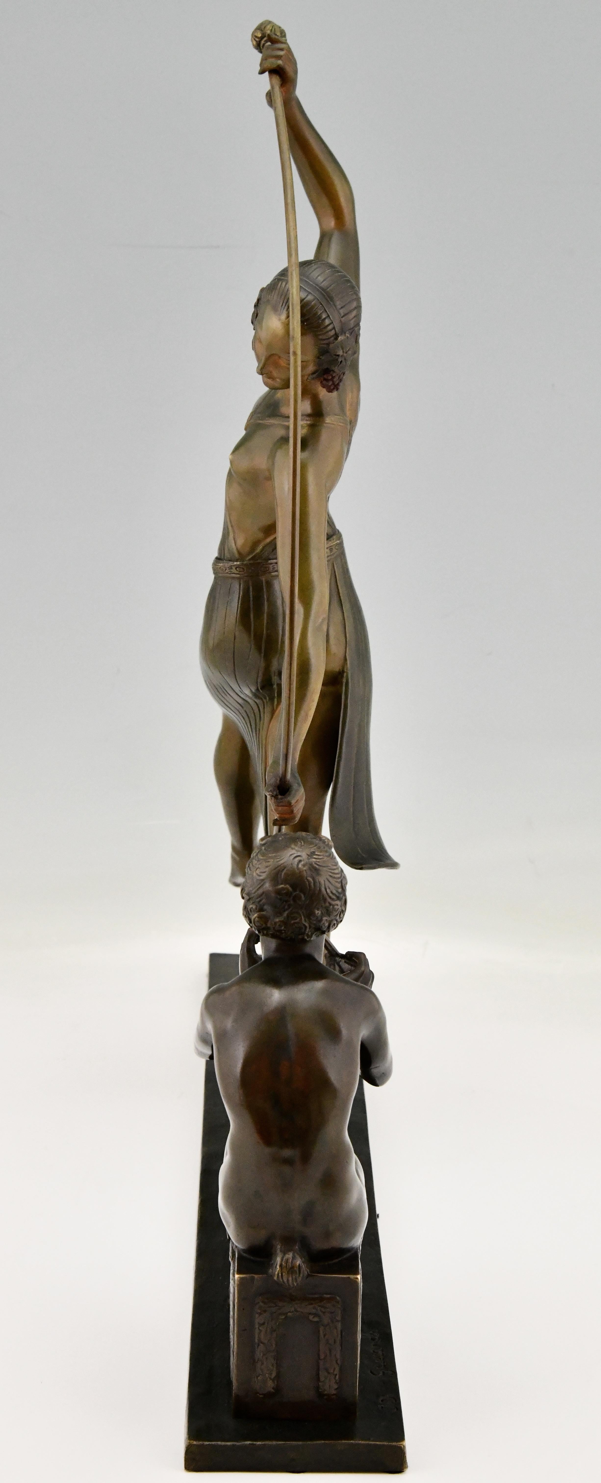 Art Deco Bronze Sculpture of a Thyrse Dancer with Faun Guirande Joe Descomps In Good Condition In Antwerp, BE