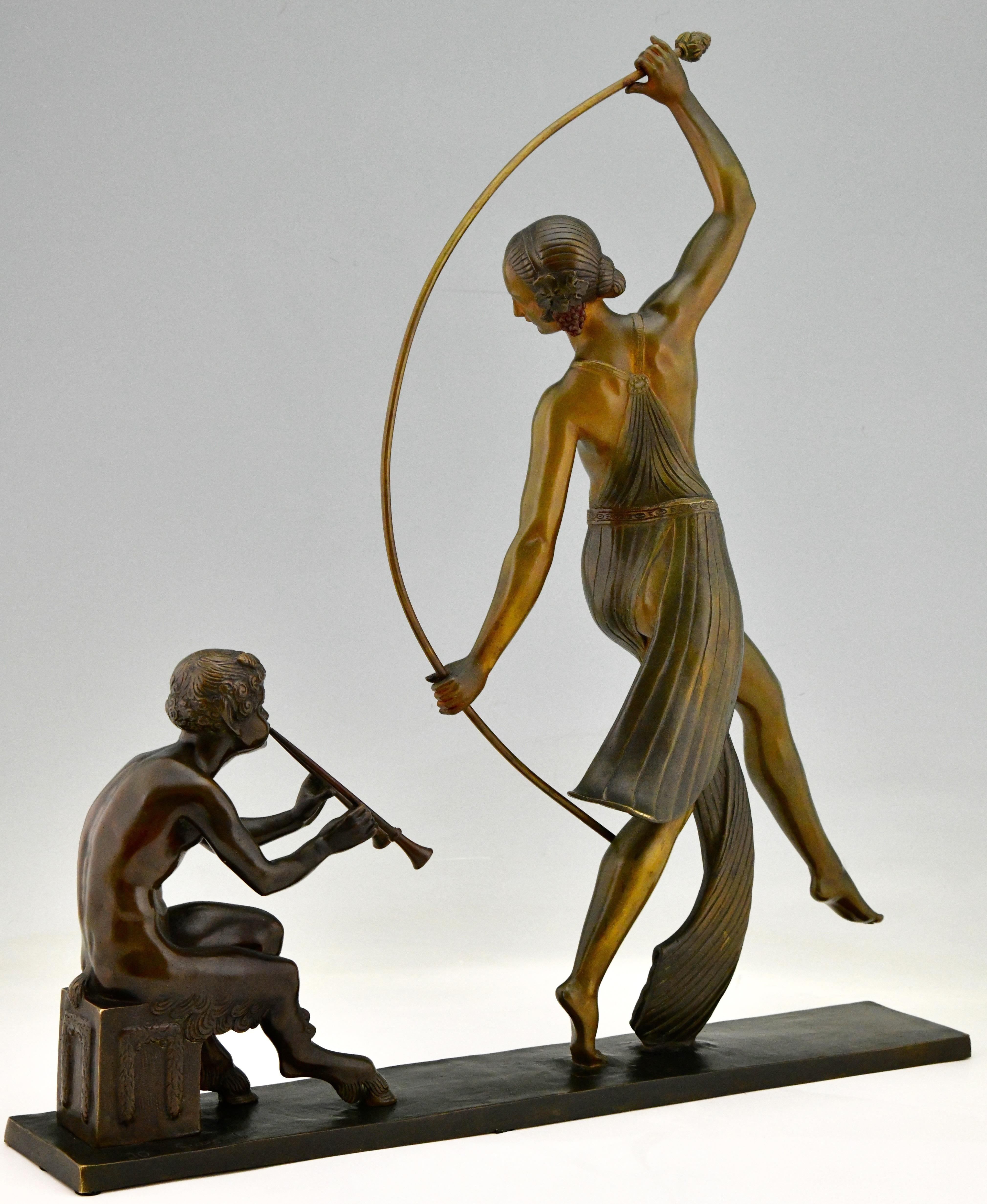 Mid-20th Century Art Deco Bronze Sculpture of a Thyrse Dancer with Faun Guirande Joe Descomps