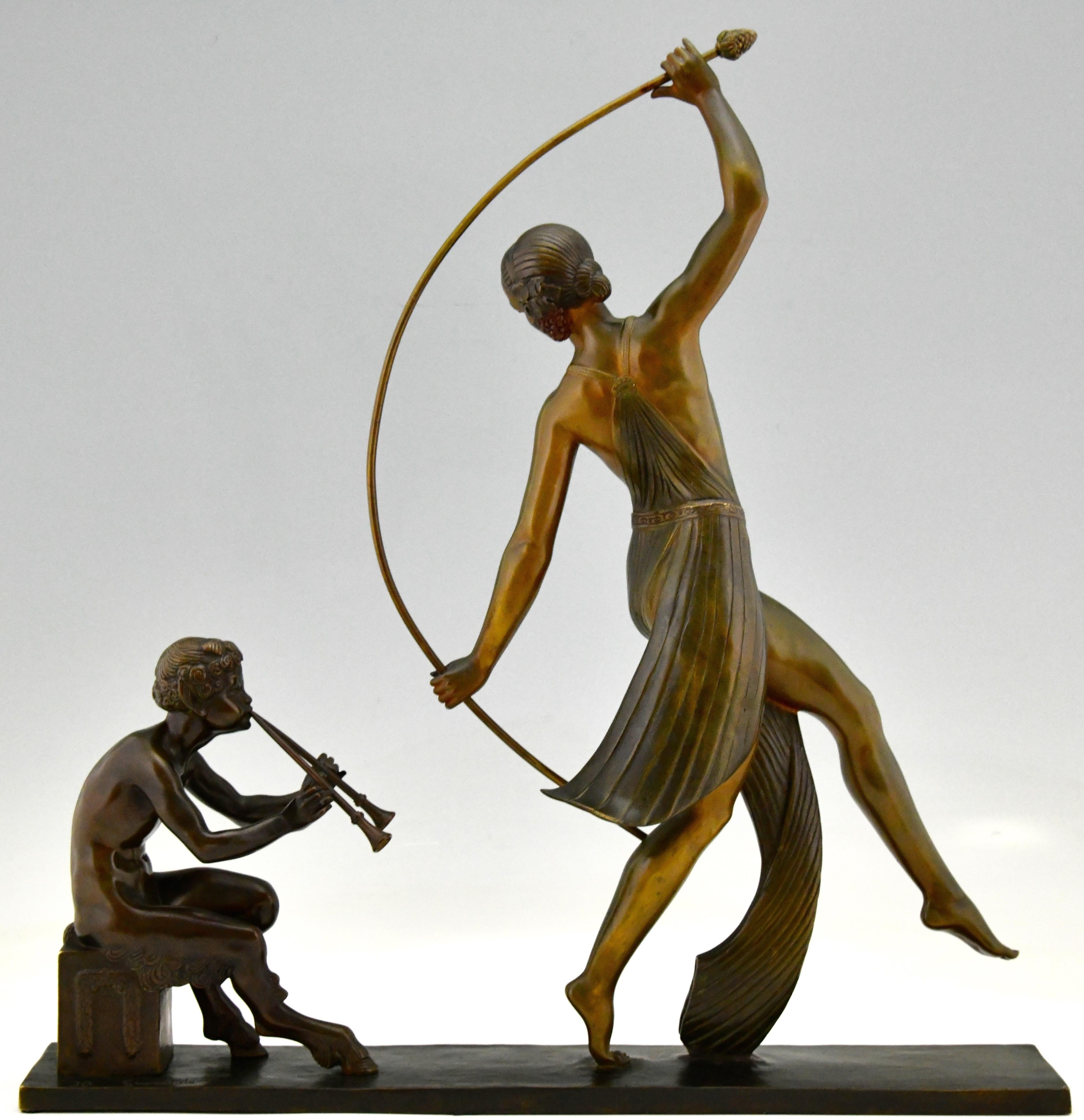 Art Deco Bronze Sculpture of a Thyrse Dancer with Faun Guirande Joe Descomps 1