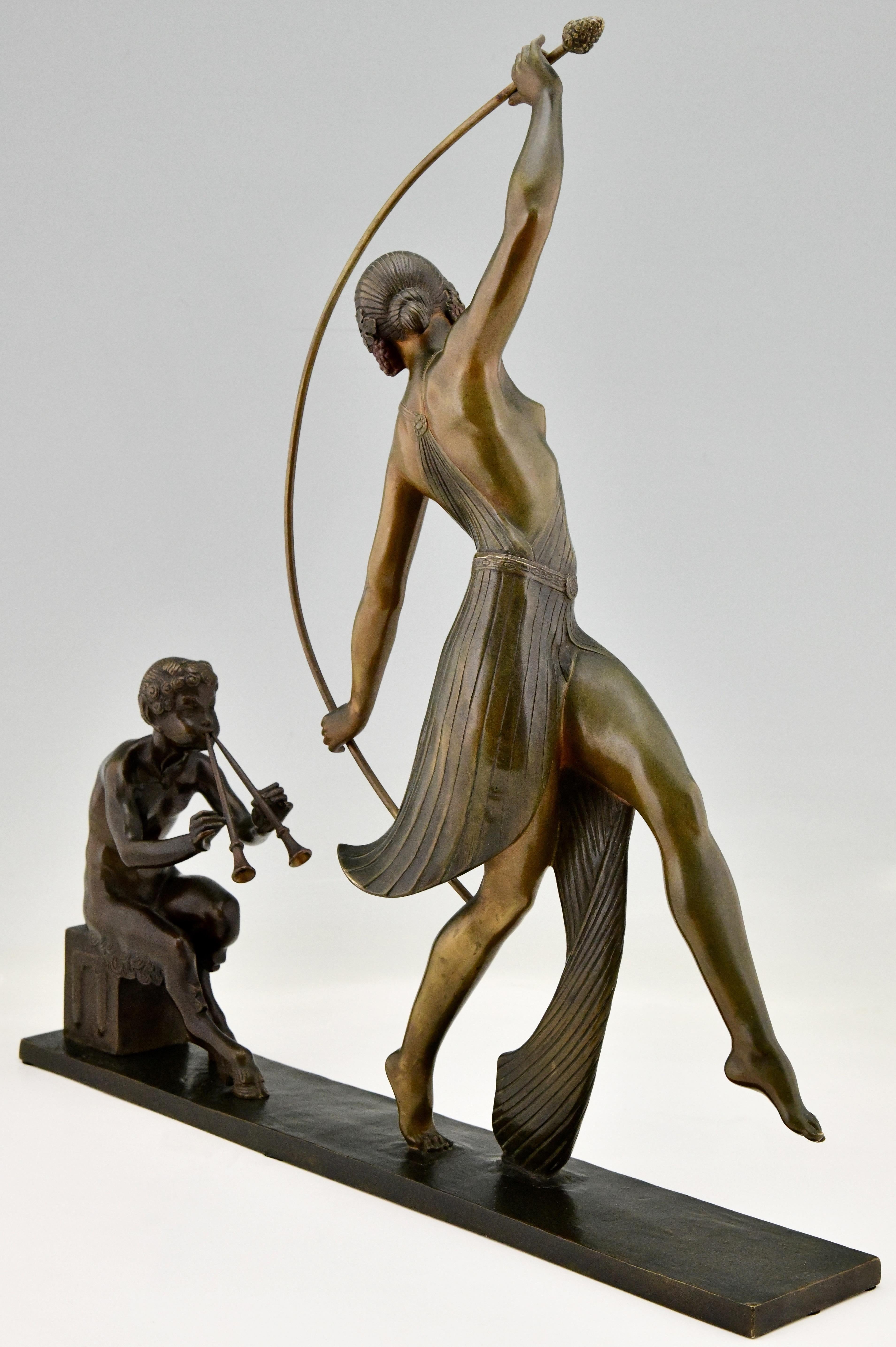 Art Deco Bronze Sculpture of a Thyrse Dancer with Faun Guirande Joe Descomps 2