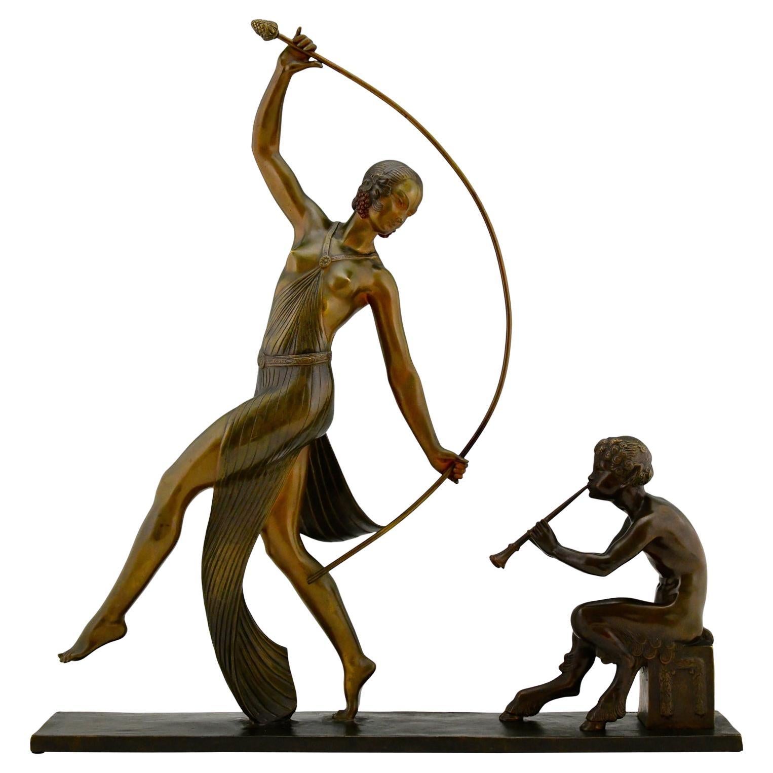 Art Deco Bronze Sculpture of a Thyrse Dancer with Faun Guirande Joe Descomps