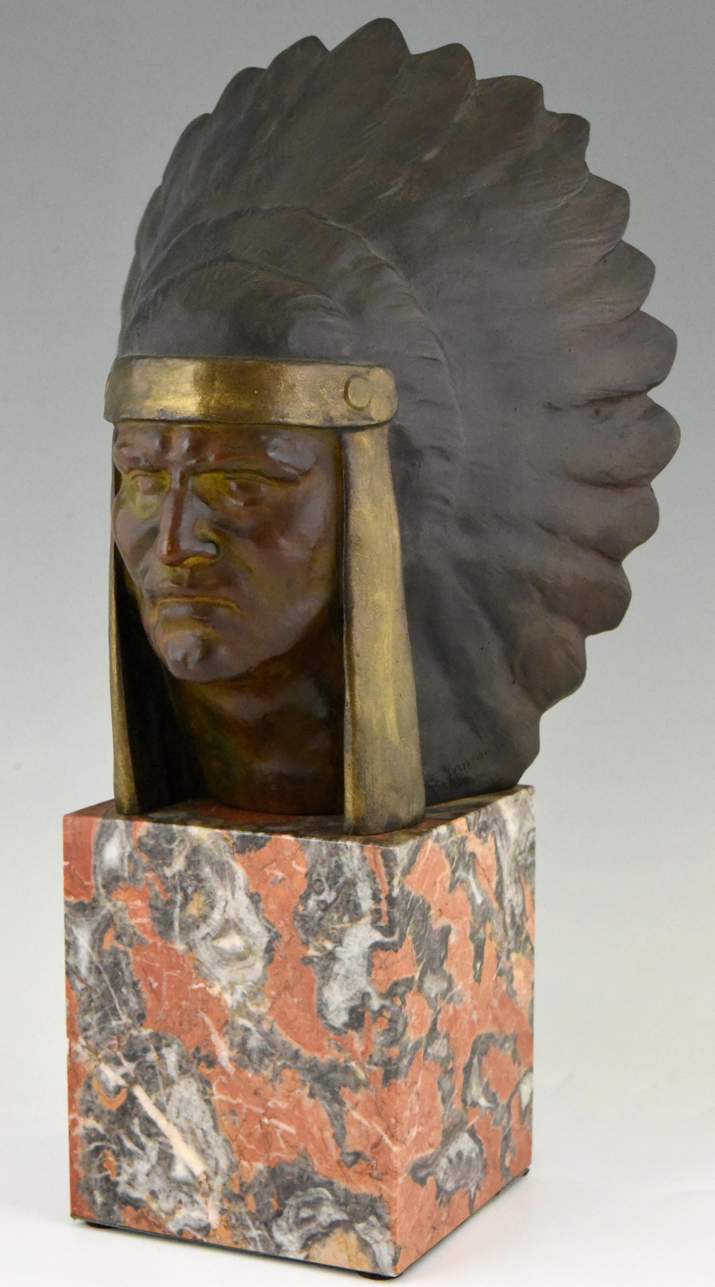 French Art Deco Bronze Sculpture of an Indian with Headdress Georges Garreau, 1930